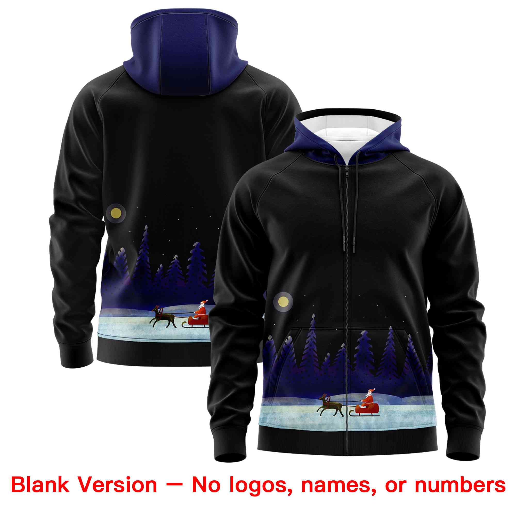 Custom Black Dark Blue Christmas Graffiti Pattern Athletic Full-Zip Hoodie