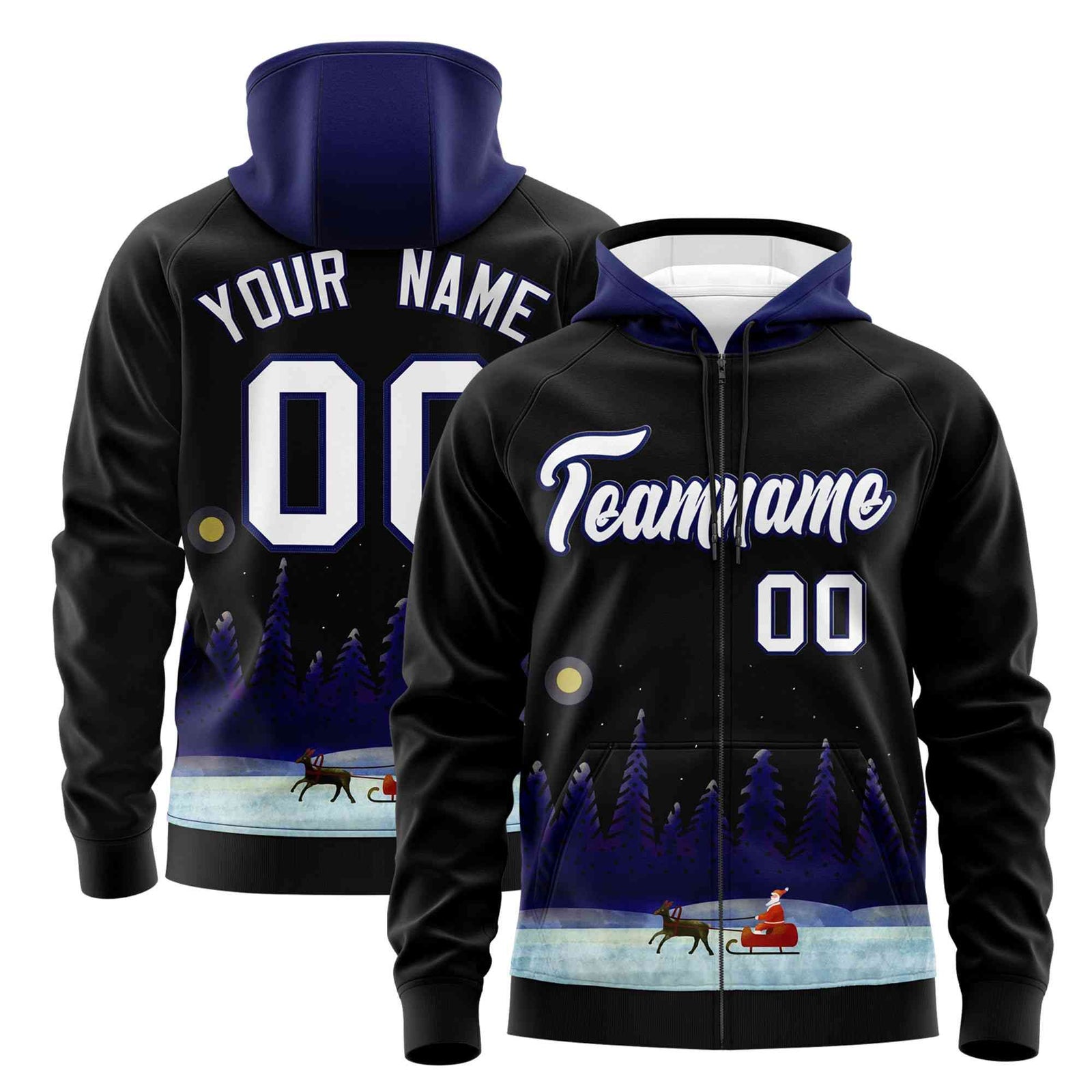 Custom Black Dark Blue Christmas Graffiti Pattern Athletic Pullover Hoodie