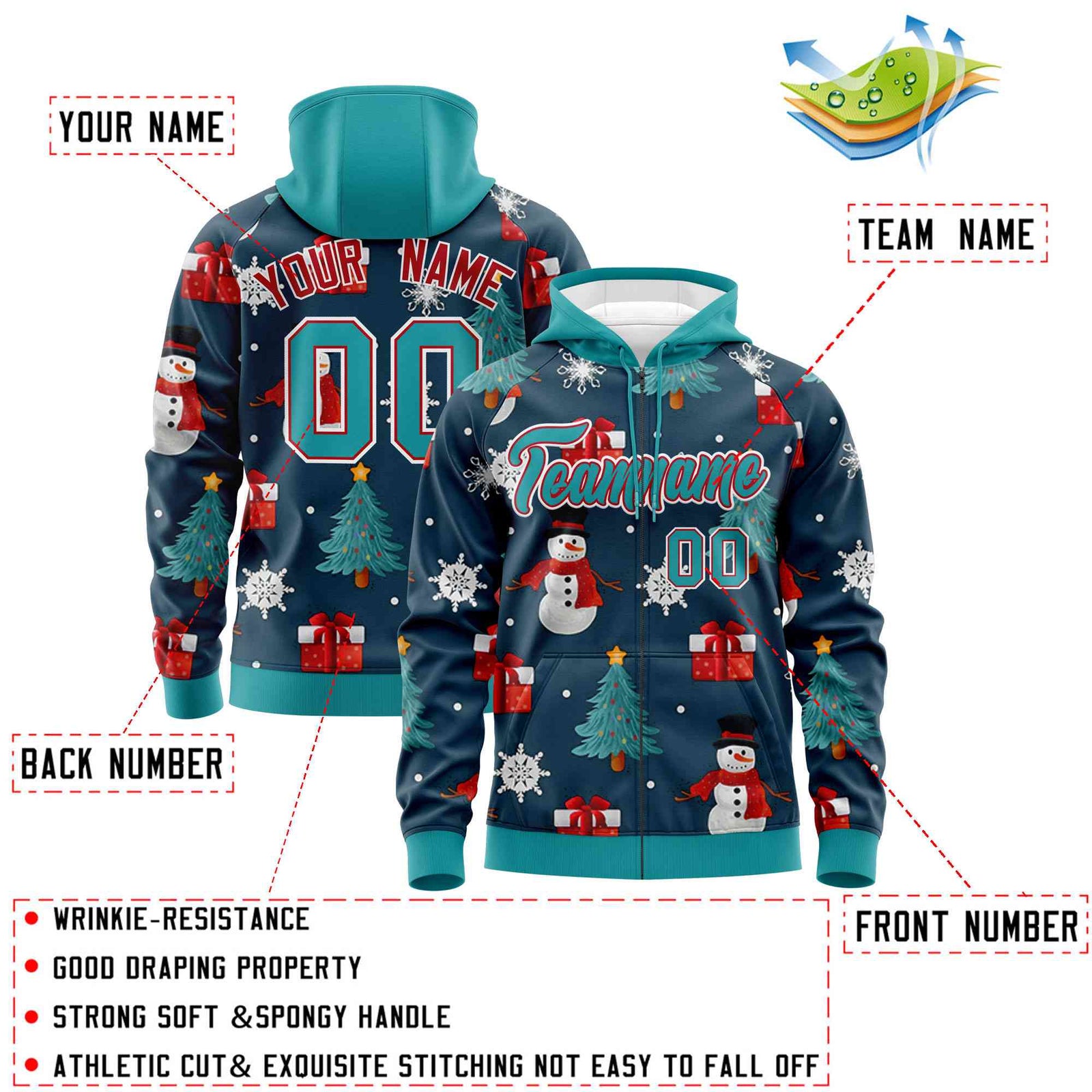 Custom Midnight Blue Aqua Christmas Graffiti Pattern Athletic Pullover Hoodie