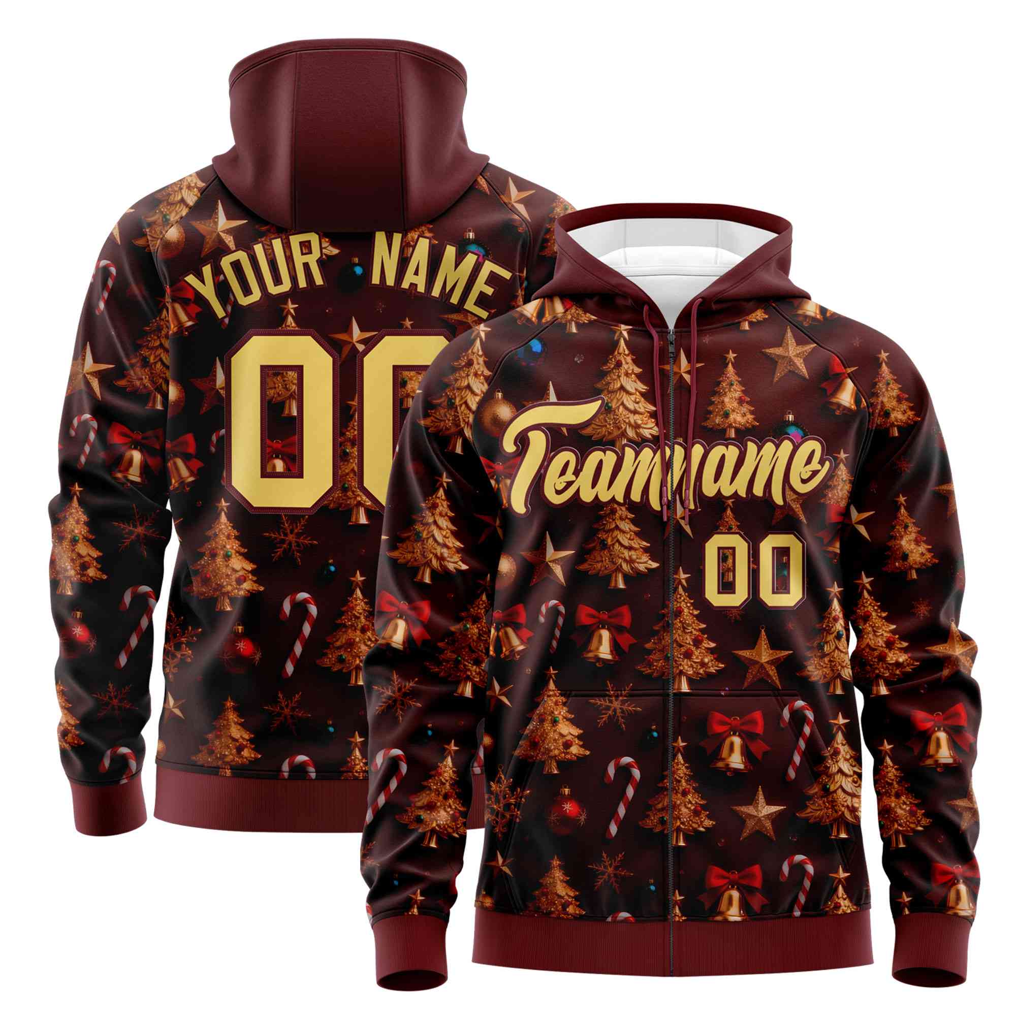 Custom Burgundy Khaki Christmas Graffiti Pattern Athletic Full-Zip Hoodie