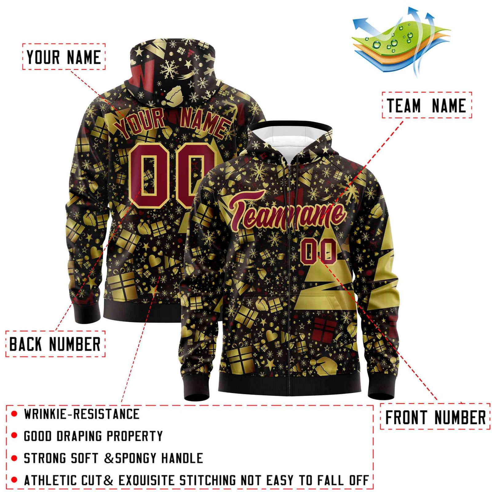 Custom Brown Crimson Christmas Graffiti Pattern Athletic Full-Zip Hoodie