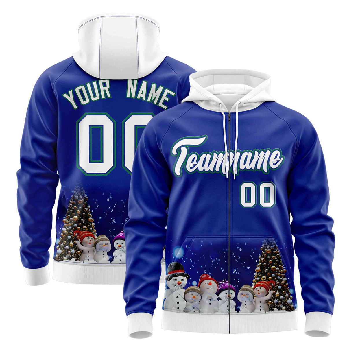 Custom Royal Blue White Christmas Graffiti Pattern Athletic Pullover Hoodie