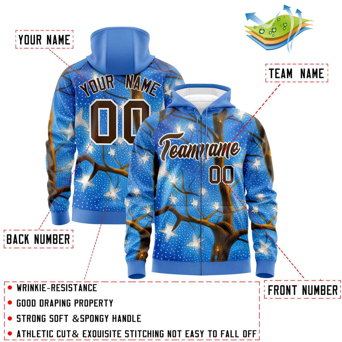 Custom Powder Blue Light Brown Christmas Graffiti Pattern Athletic Pullover Hoodie