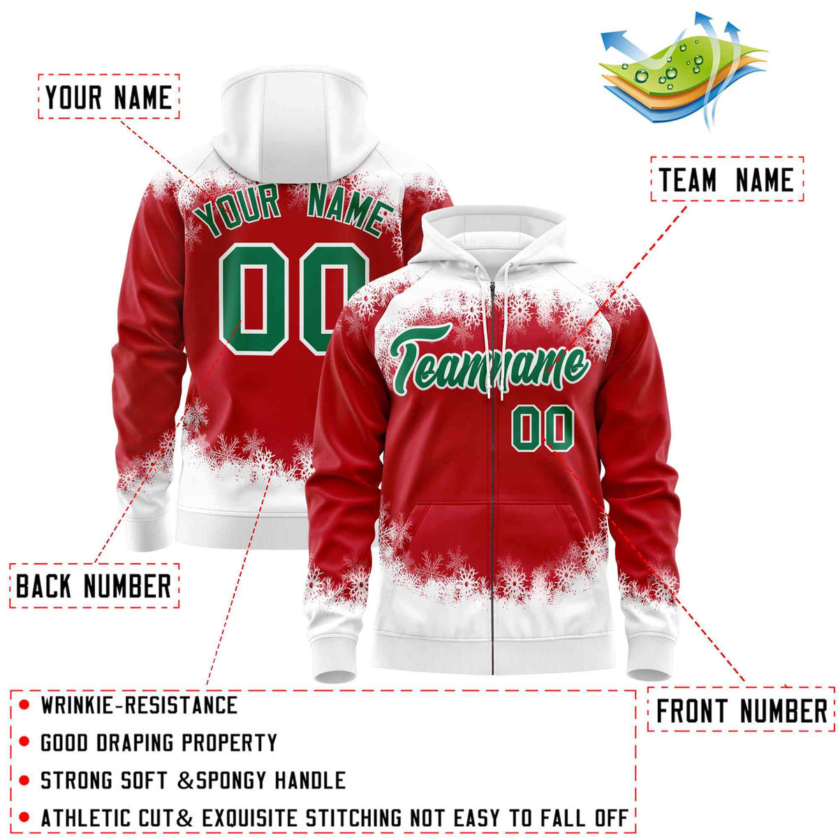 Custom Red White Christmas Graffiti Pattern Athletic Full-Zip Hoodie