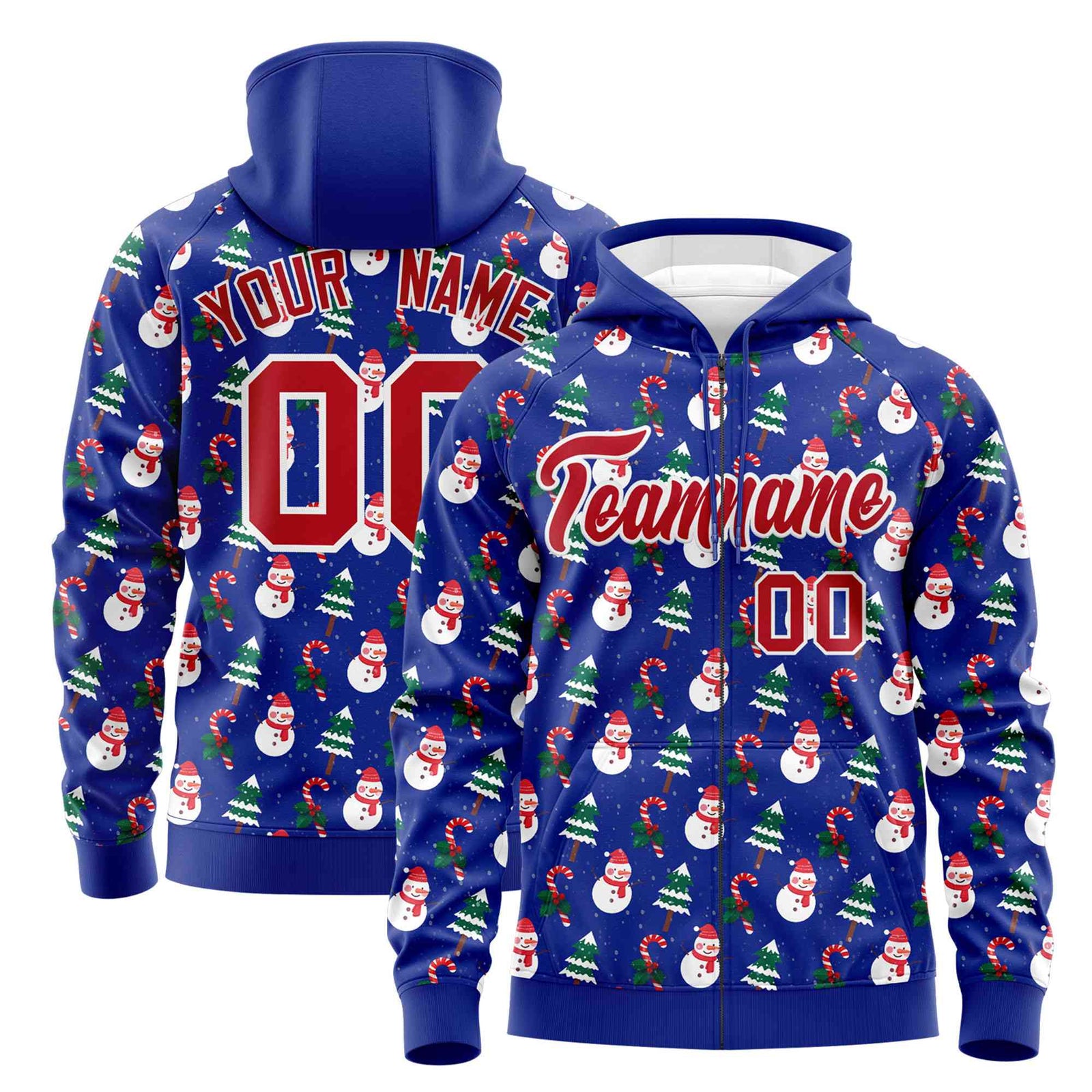 Custom Royal Blue Red Christmas Graffiti Pattern Athletic Pullover Hoodie