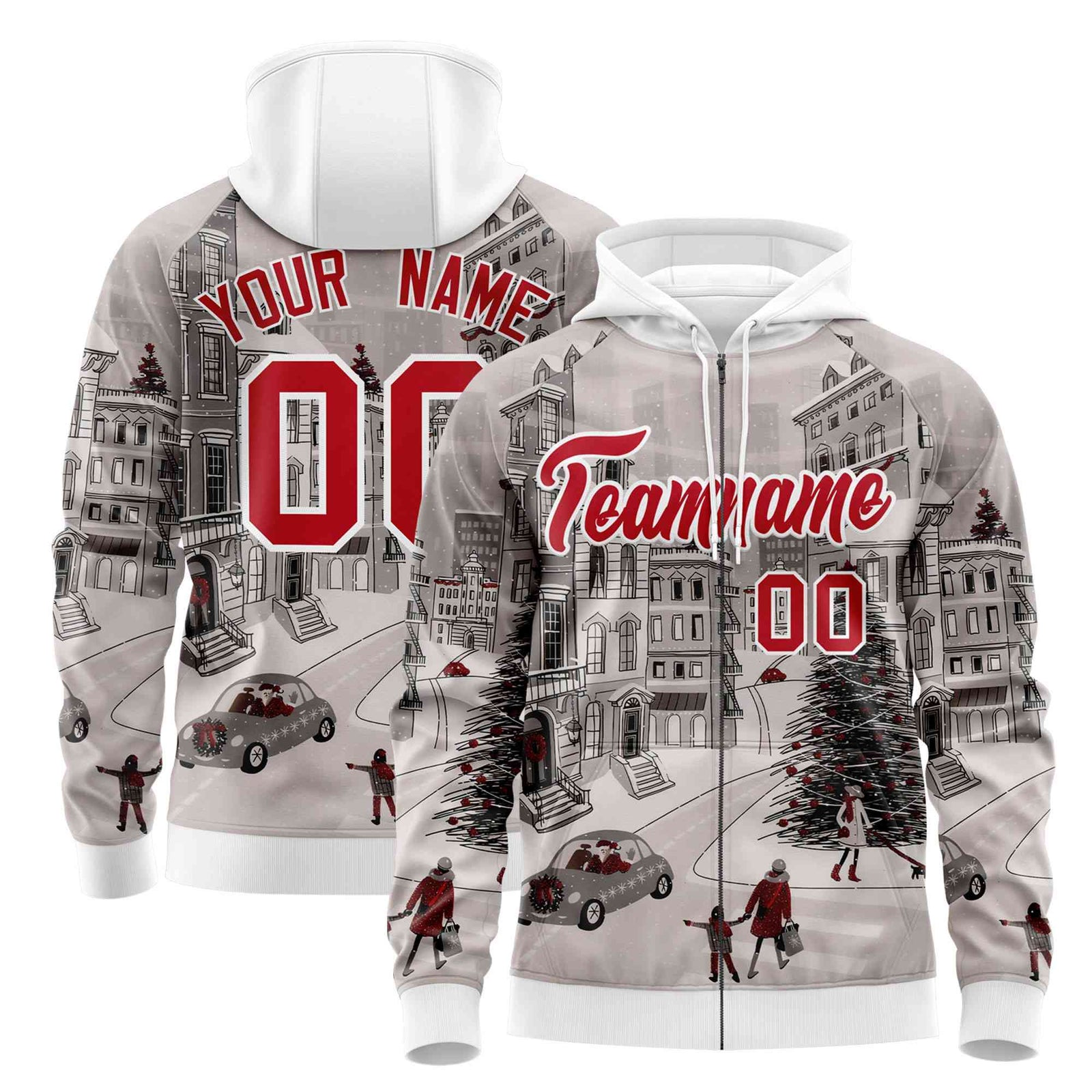 Custom White Red Christmas Graffiti Pattern Athletic Full-Zip Hoodie