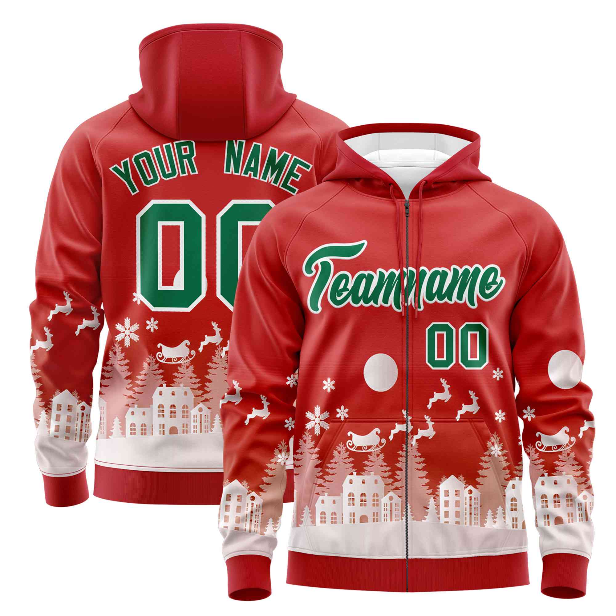 Custom Red Kelly Green Christmas Graffiti Pattern Athletic Full-Zip Hoodie