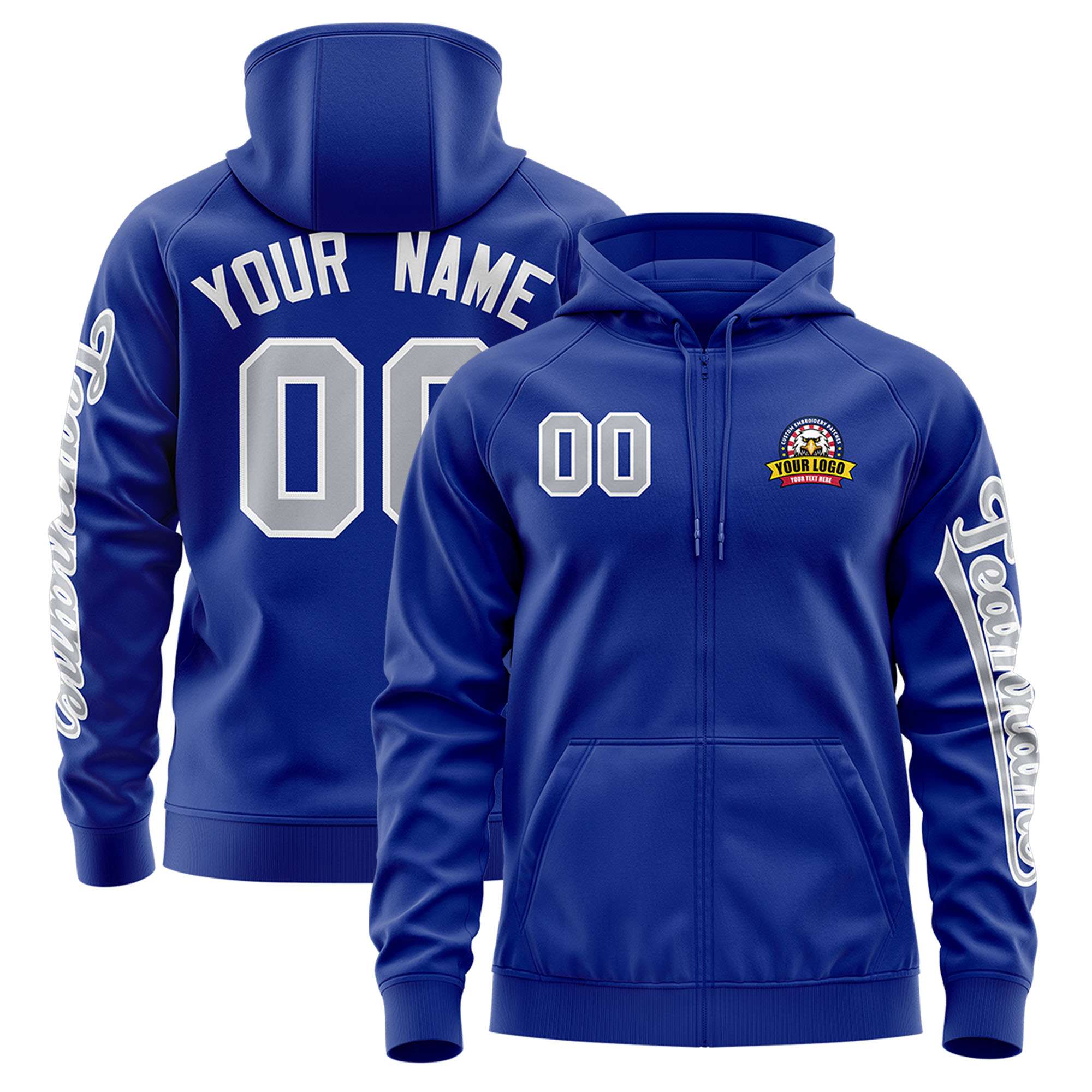 Custom Royal Gray Varsity Full-Zip Letterman Classic Hoodie Jacket