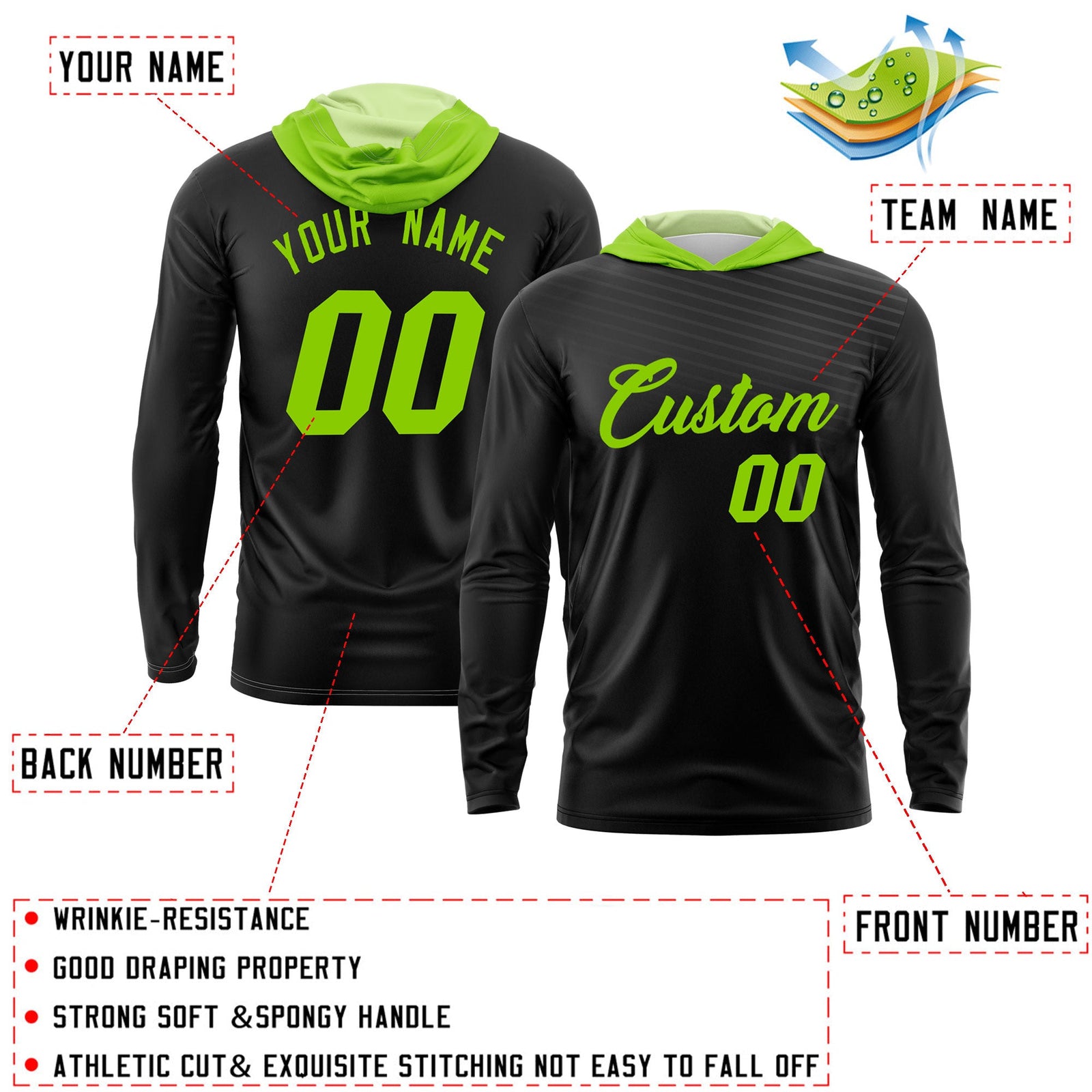 Custom Black Neon Green Basketball Shooting Shirt Performance Training Quick Dry Hoodie| KXKSHOP