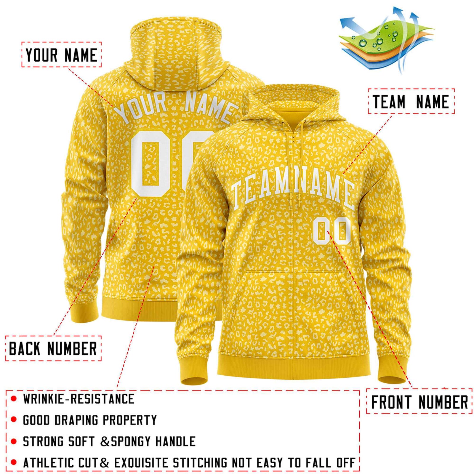 Custom Gold White Varsity Full-Zip Letterman Leopard Print Hoodie Jacket