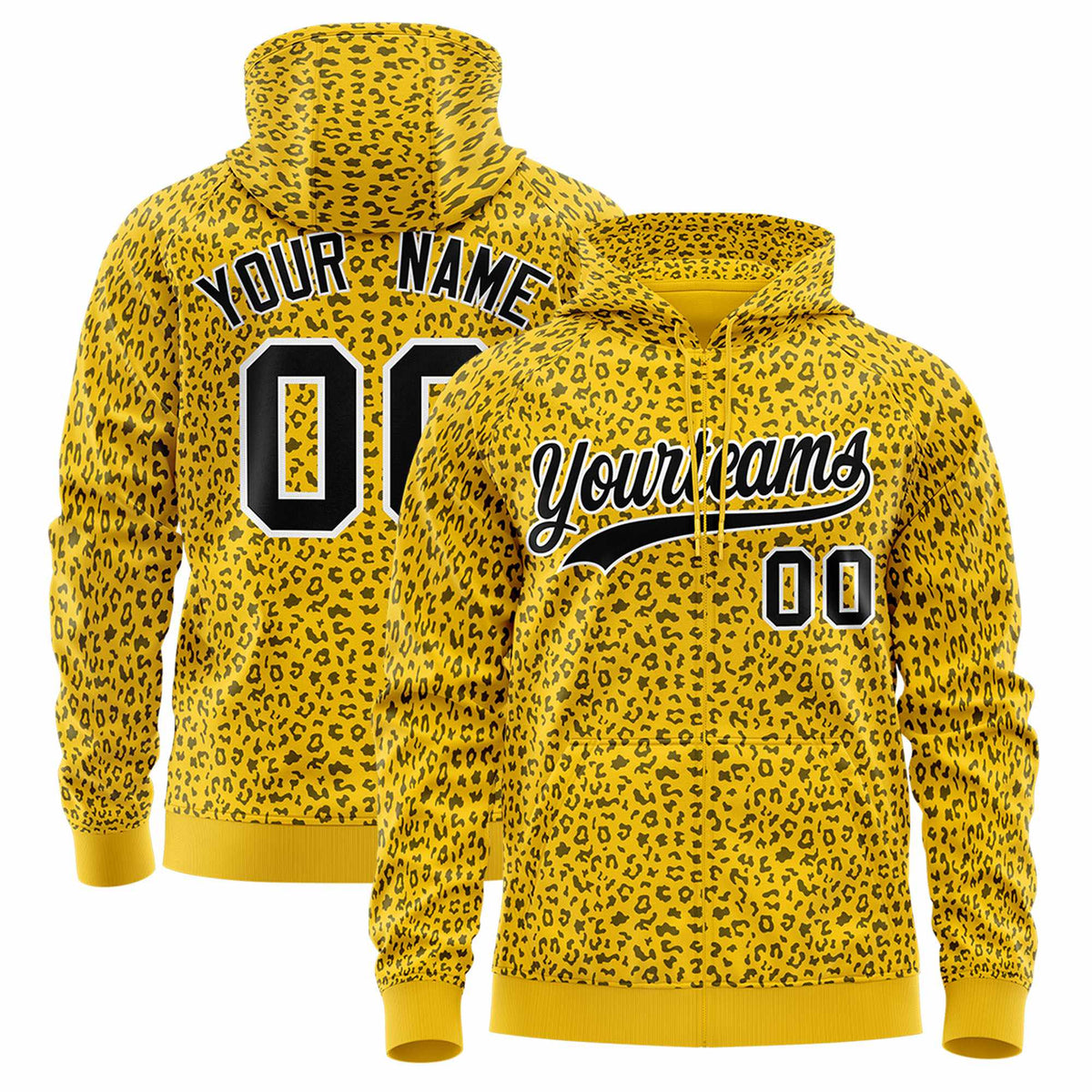 Custom Gold Black Varsity Full-Zip Letterman Leopard Print Hoodie Jacket