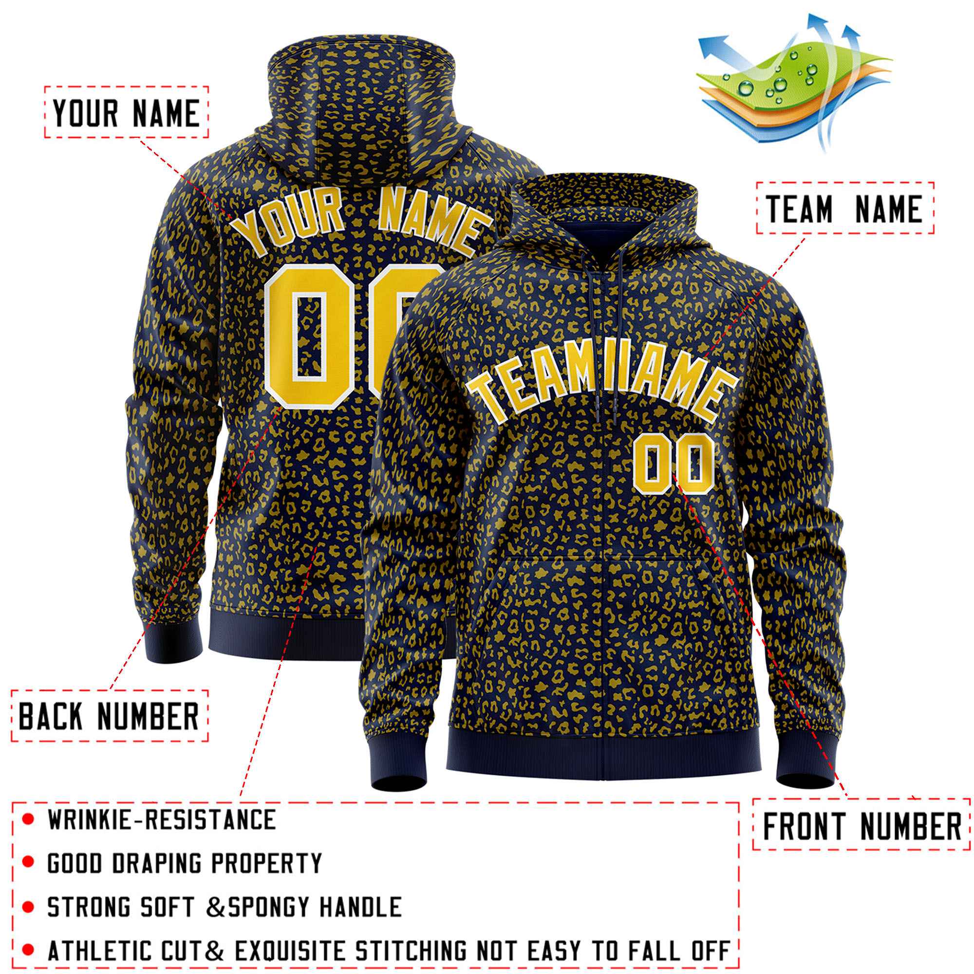 Custom Navy Gold Varsity Full-Zip Letterman Leopard Print Hoodie Jacket