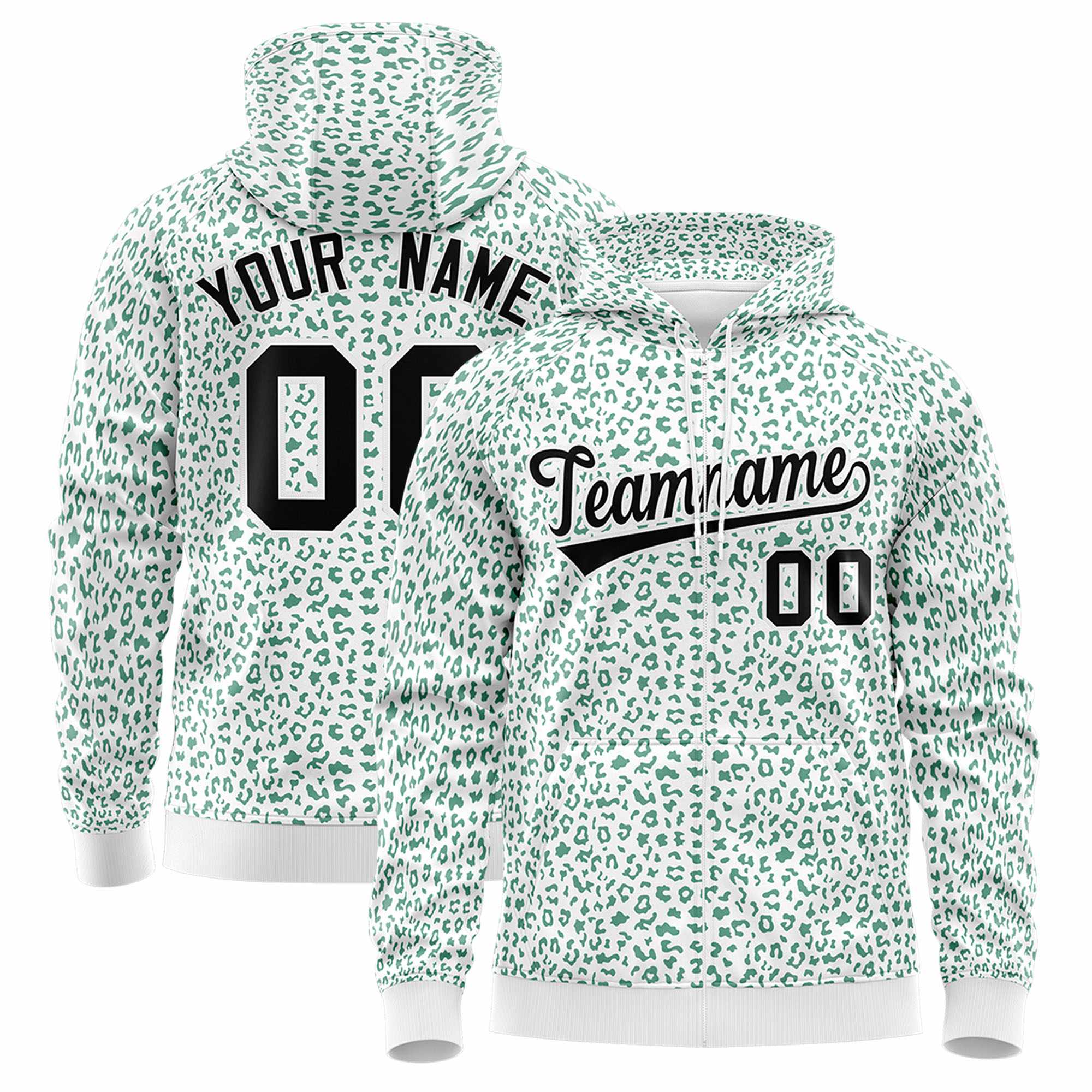 Custom Neon Green Pink Varsity Full-Zip Letterman Leopard Print Hoodie Jacket
