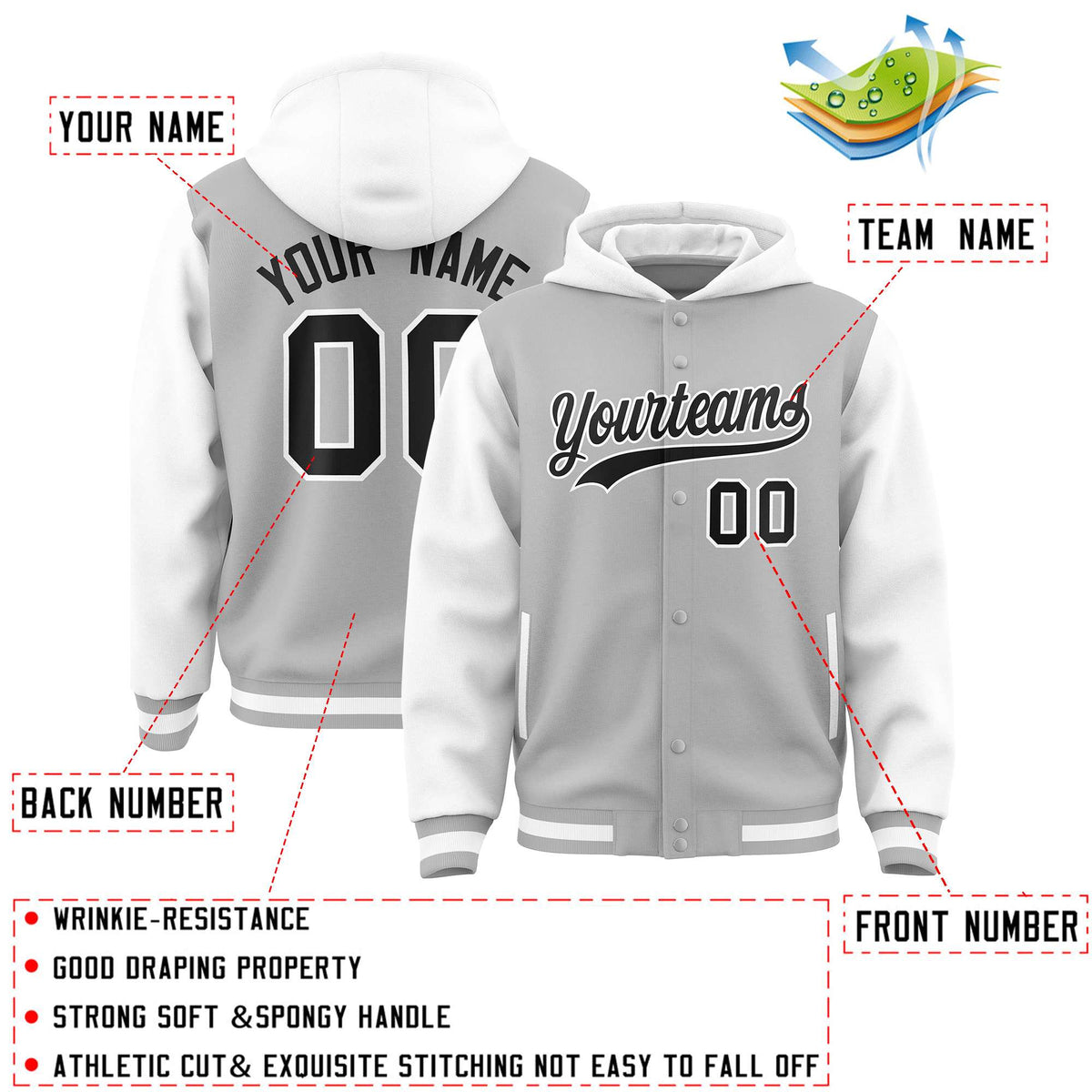 Custom Gray White Raglan Sleeves Varsity Full-Snap Letterman Two Tone Hoodie Jacket