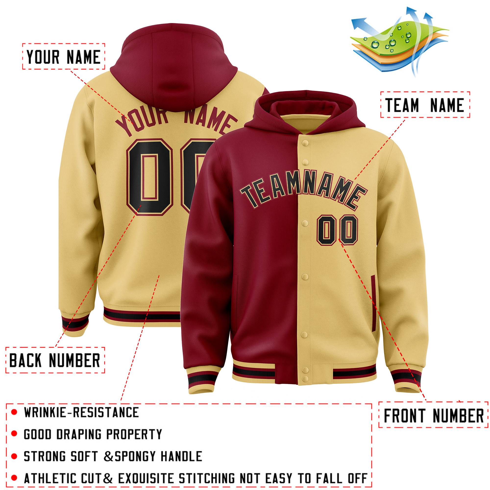 Custom Crimson Khaki Split Fashion Varsity Full-Snap Letterman Two Tone Hoodie Jacket