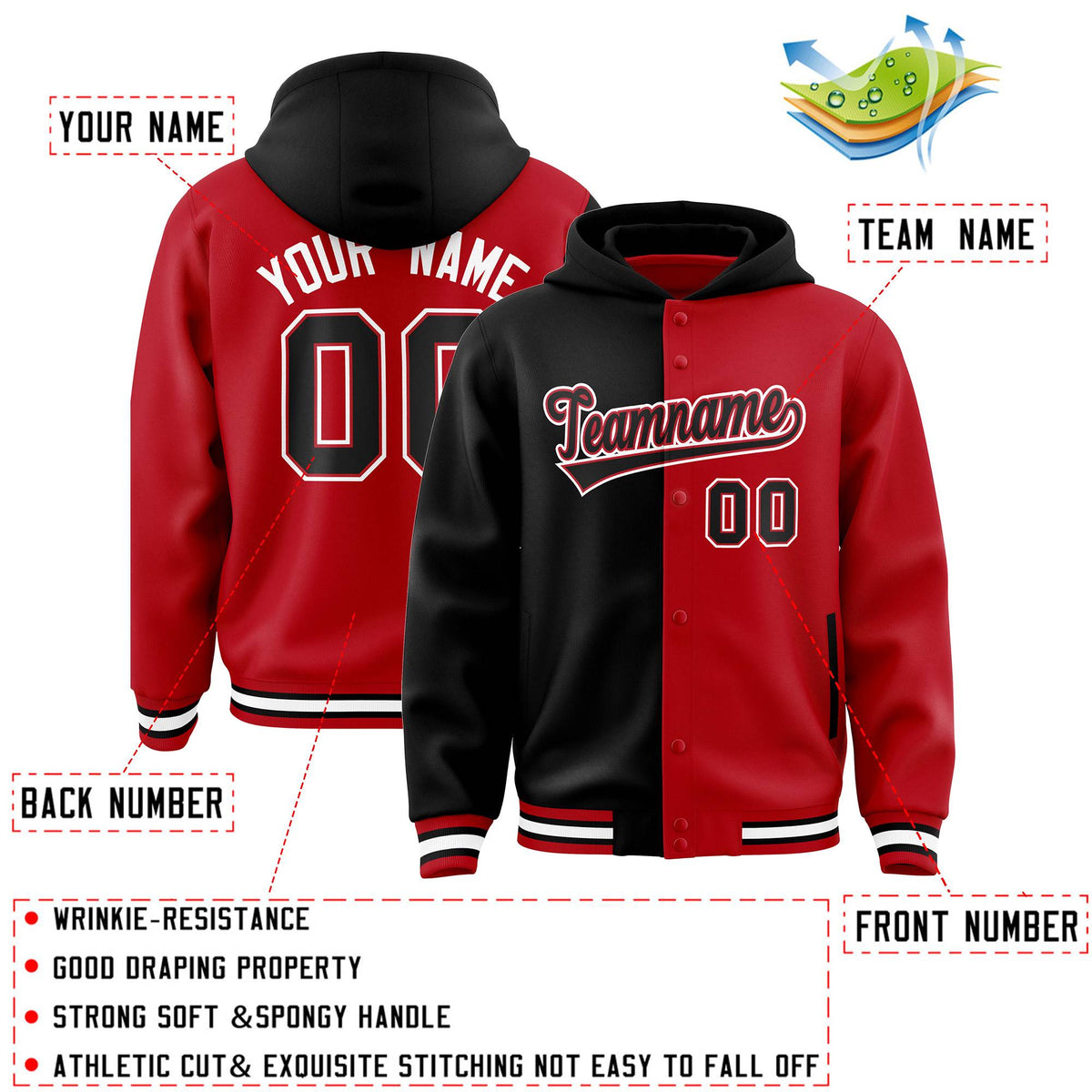 Custom Black Red Split Fashion Varsity Full-Snap Letterman Two Tone Hoodie Jacket