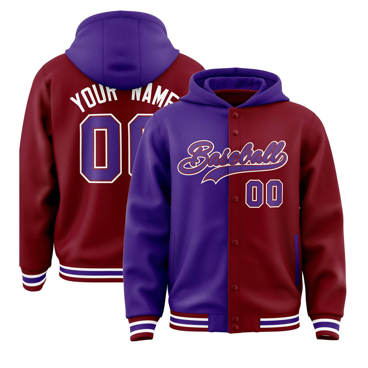Custom Purple Crimson Split Fashion Varsity Full-Snap Letterman Two Tone Hoodie Jacket