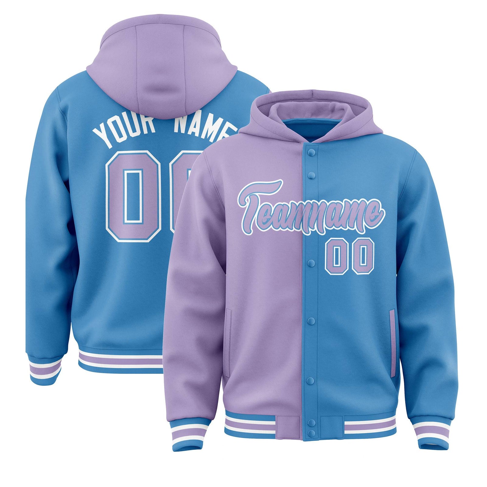 Custom Light Purple Powder Blue Split Fashion Varsity Full-Snap Letterman Two Tone Hoodie Jacket