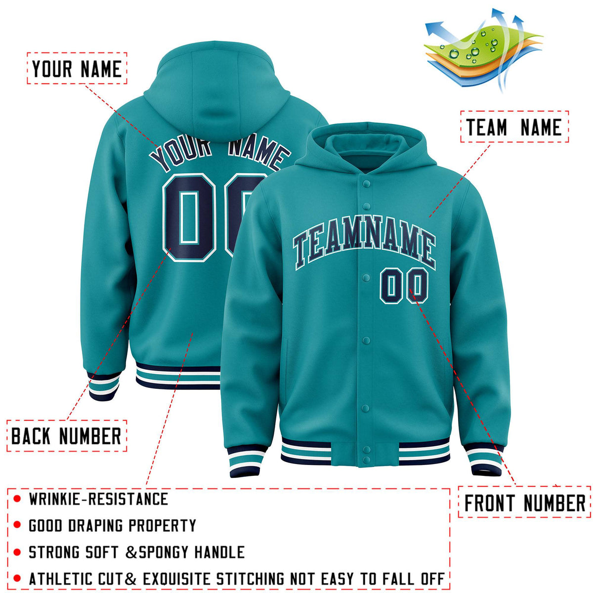 Custom Aqua Black-Aqua Varsity Full-Snap Letterman Classic Hoodie Jacket