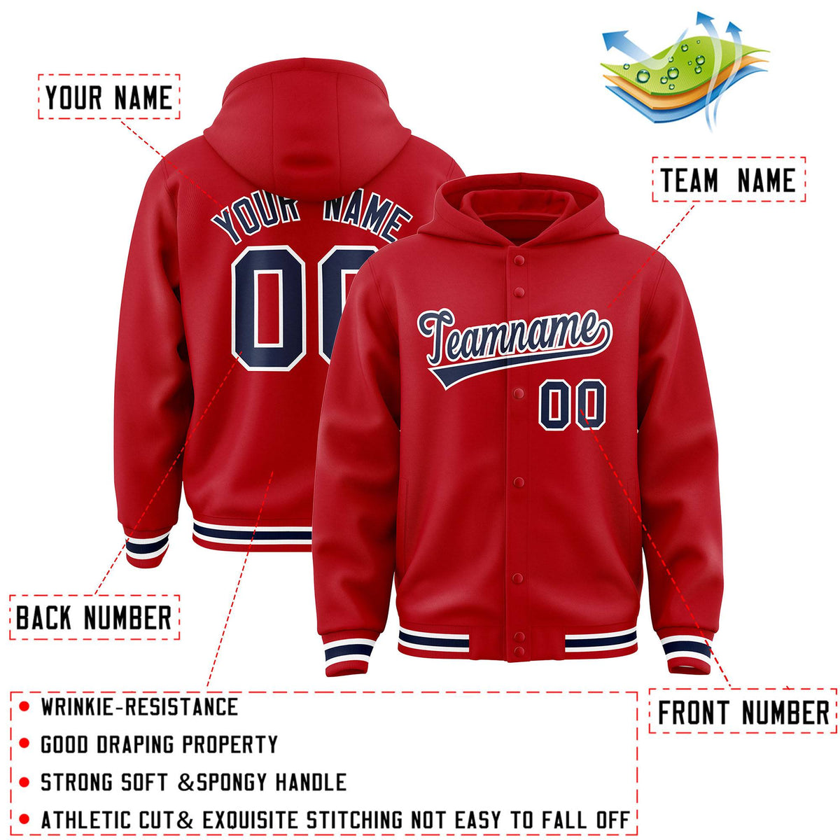 Custom Red Navy-White Varsity Full-Snap Letterman Classic Hoodie Jacket