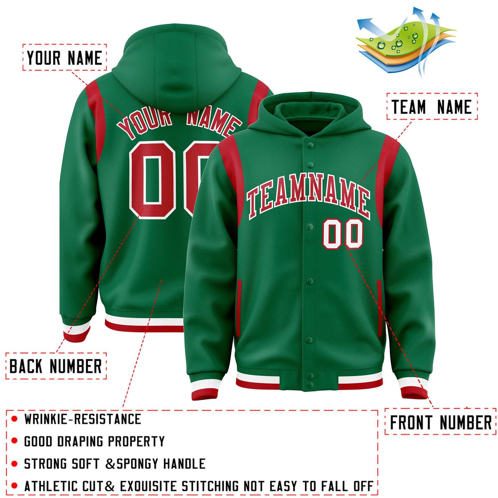Custom Kelly Green Red Varsity Full-Snap Letterman Shoulder Color Block Hoodie Jacket