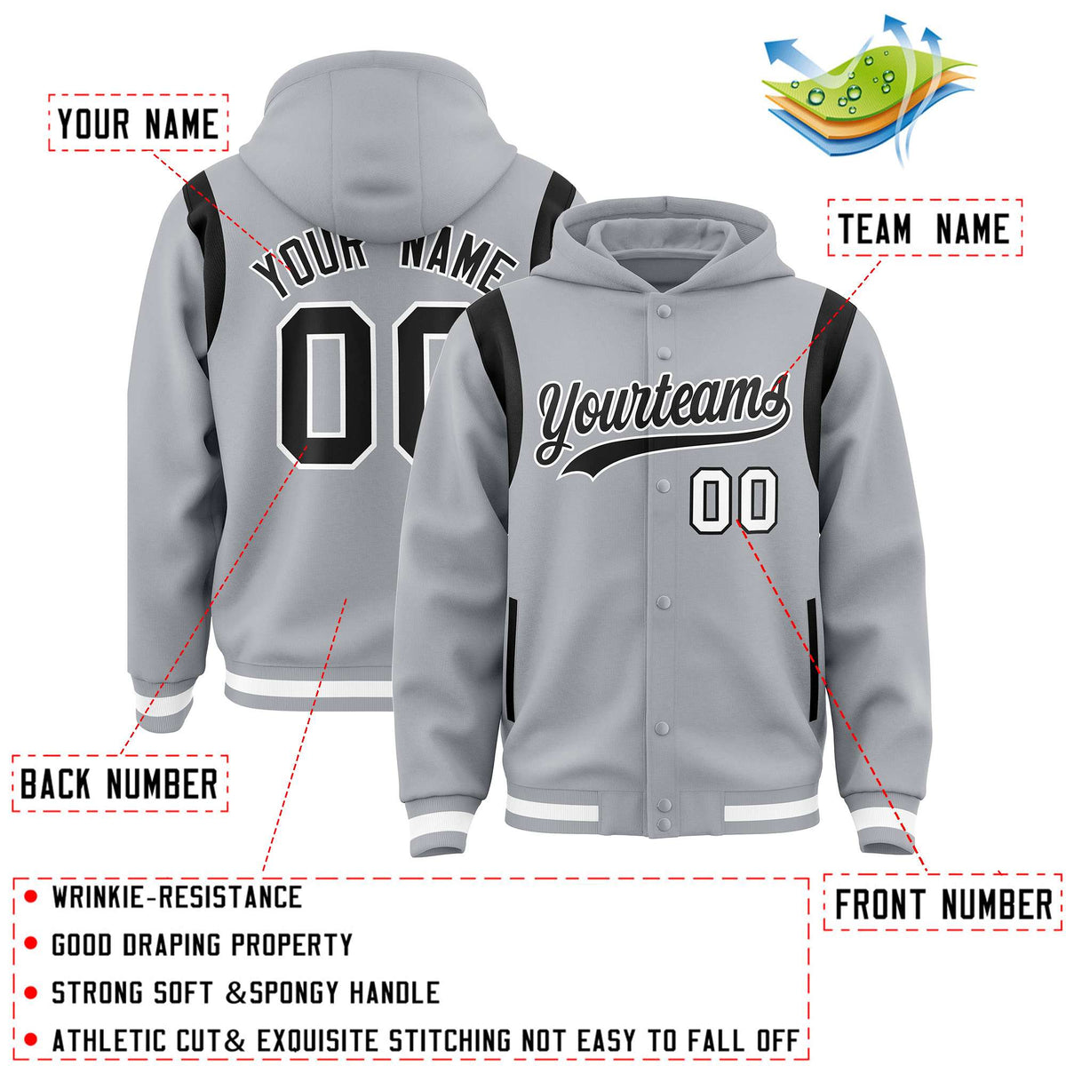 Custom Silver Black Varsity Full-Snap Letterman Shoulder Color Block Hoodie Jacket