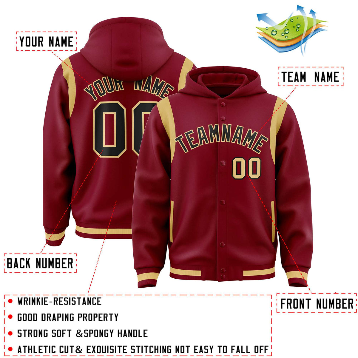 Custom Crimson Black Varsity Full-Snap Letterman Shoulder Color Block Hoodie Jacket