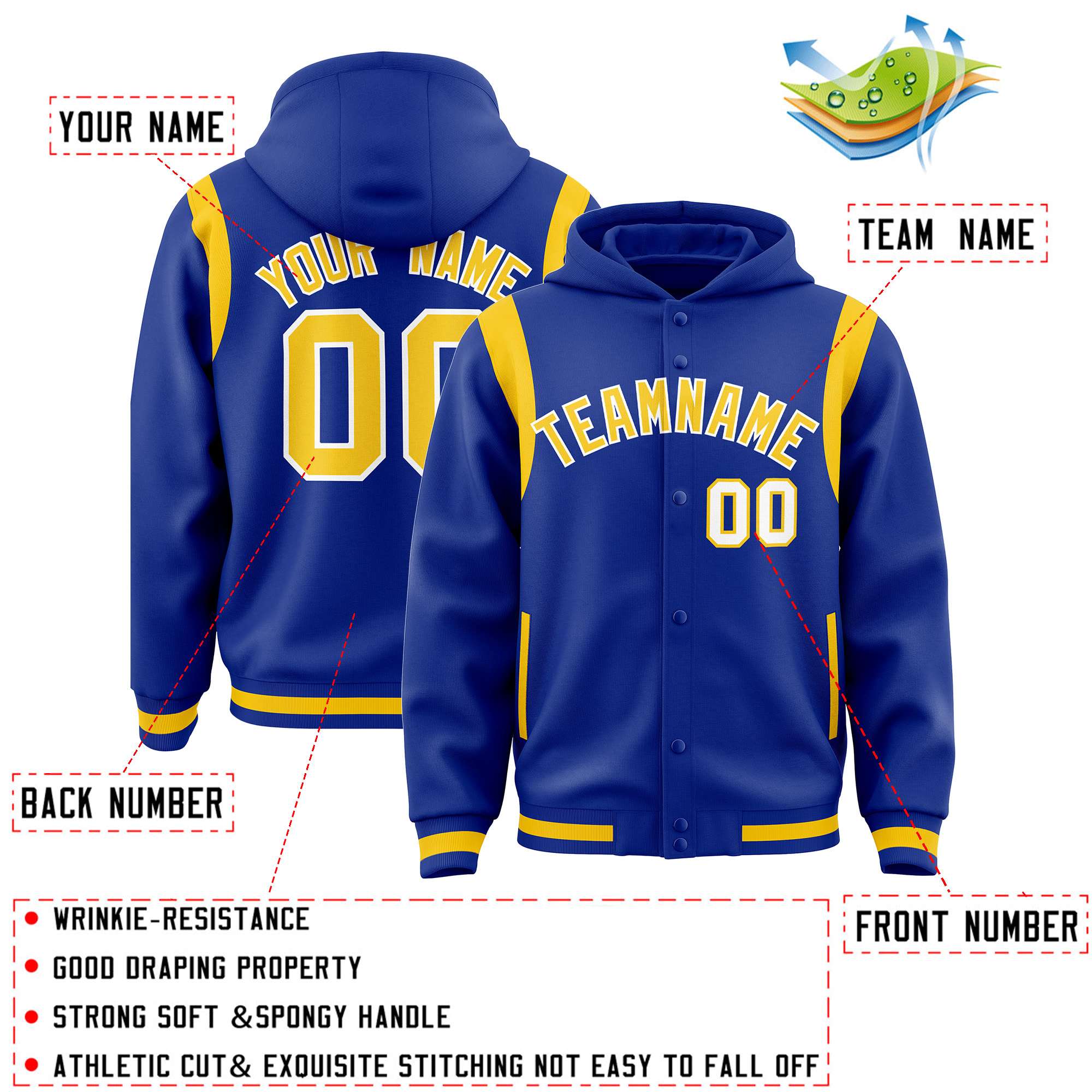 Custom Royal Gold Varsity Full-Snap Letterman Shoulder Color Block Hoodie Jacket