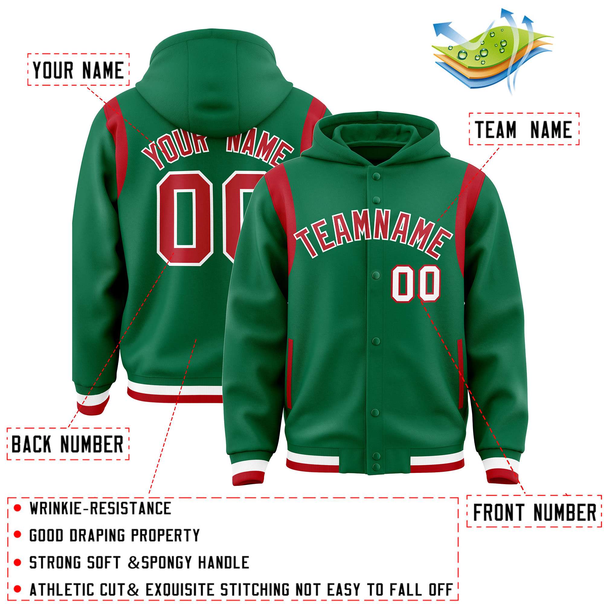Custom Kelly Green Red Varsity Full-Snap Letterman Shoulder Color Block Hoodie Jacket