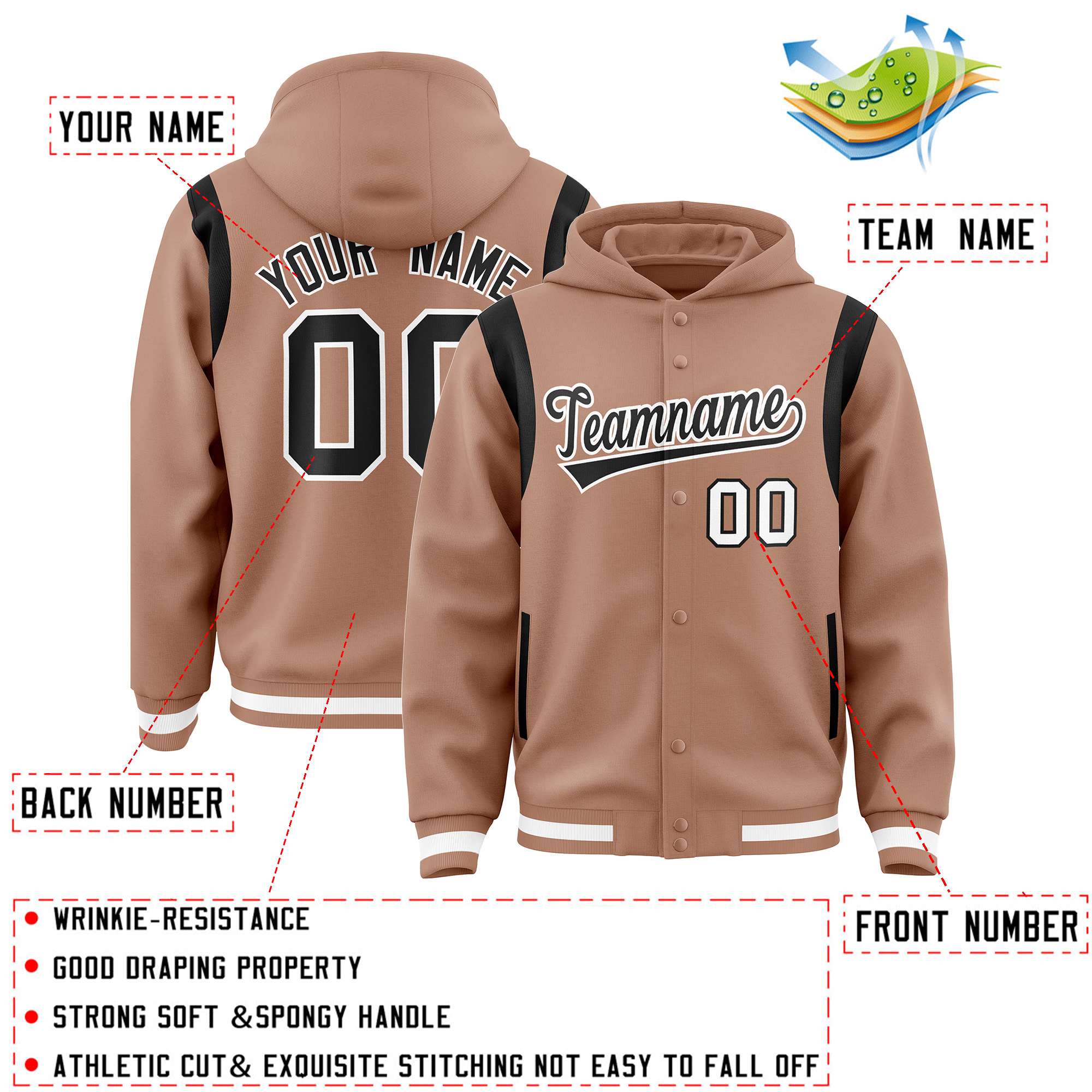 Custom Coffee Brown Black Varsity Full-Snap Letterman Shoulder Color Block Hoodie Jacket