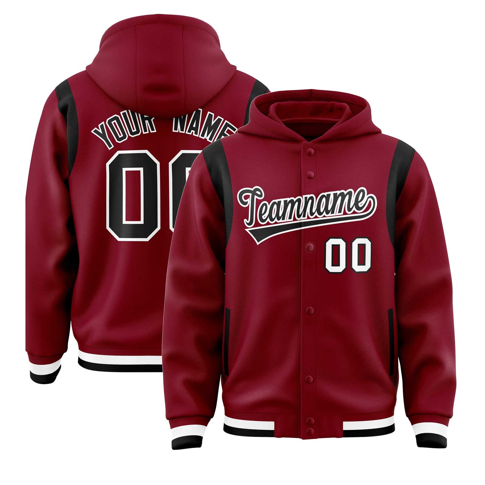 Custom Crimson Black Varsity Full-Snap Letterman Shoulder Color Block Hoodie Jacket