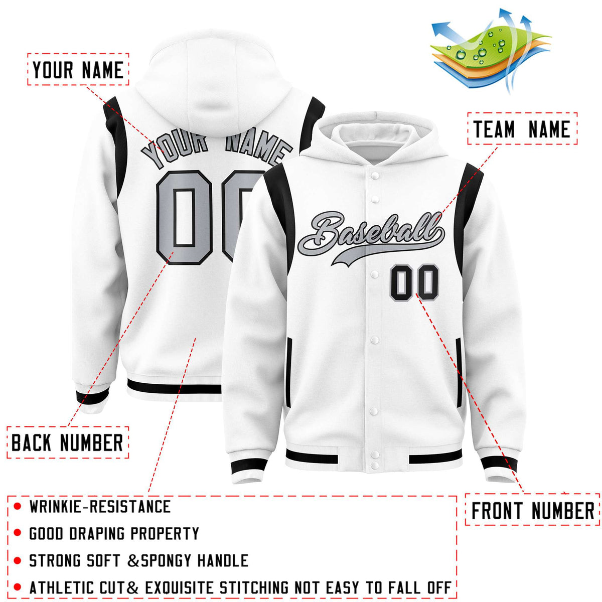 Custom White Silver Varsity Full-Snap Letterman Shoulder Color Block Hoodie Jacket