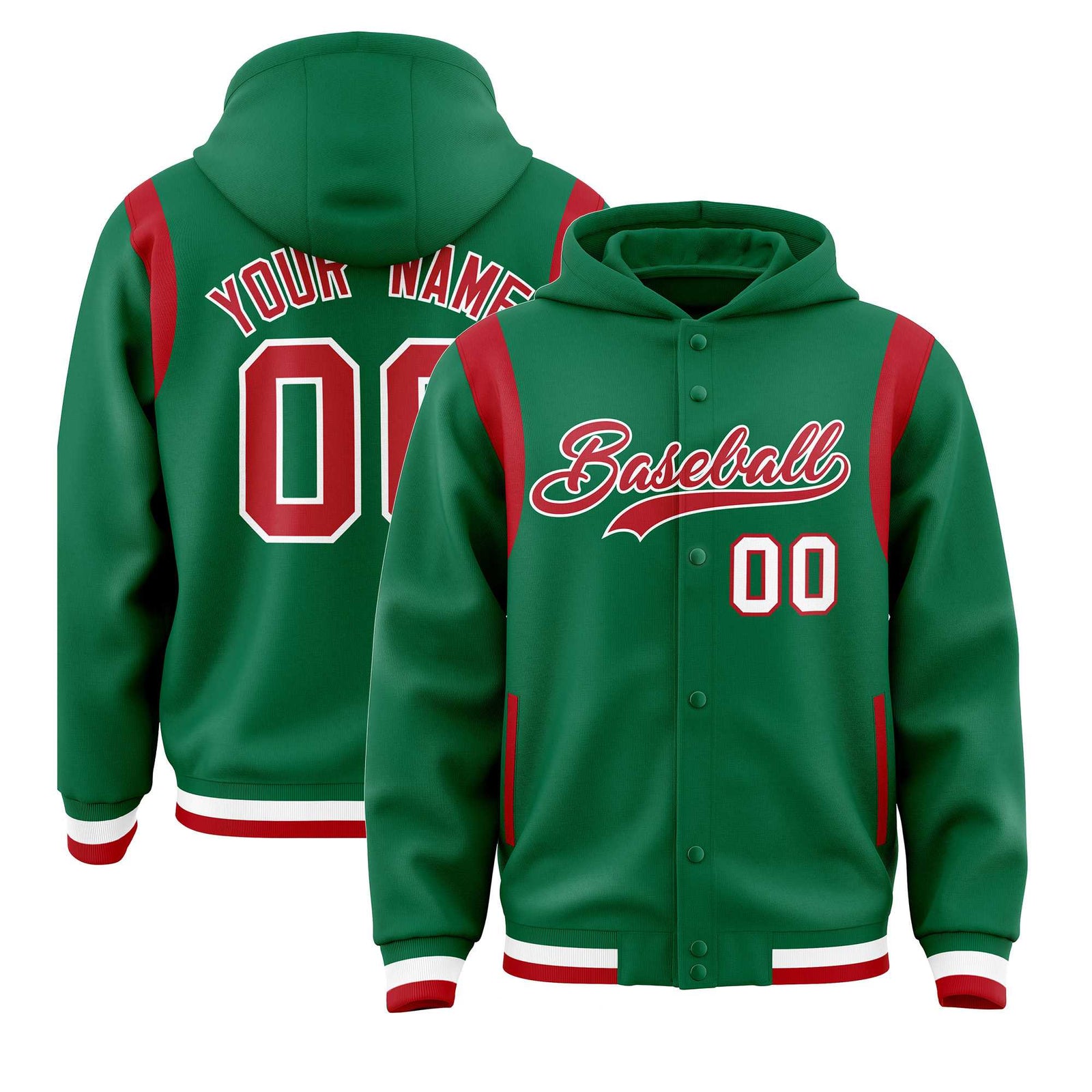 Custom Kelly Green Red Varsity Full-Snap Letterman Shoulder Color Block Hoodie Jacket