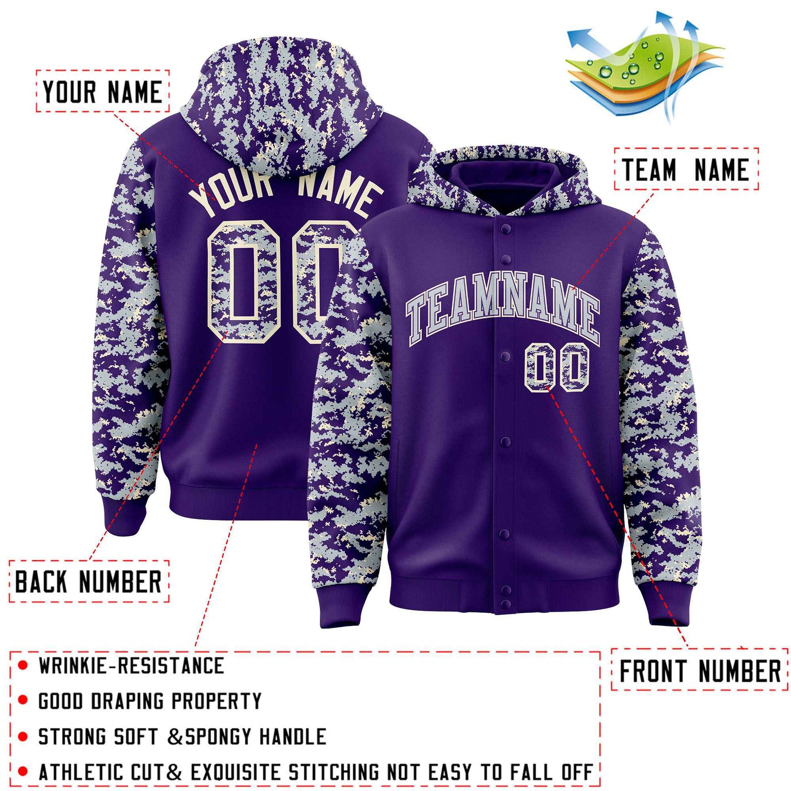 Custom Purple Silver-Cream Raglan Sleeves Varsity Full-Snap Letterman Camo Hoodie Jacket