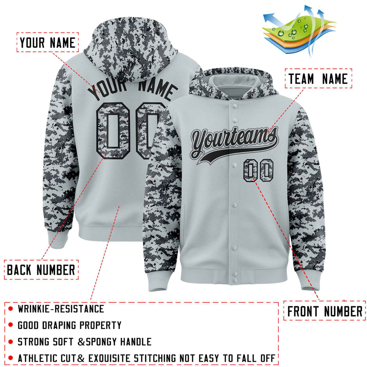 Custom Silver Gray-Black Raglan Sleeves Varsity Full-Snap Letterman Camo Hoodie Jacket
