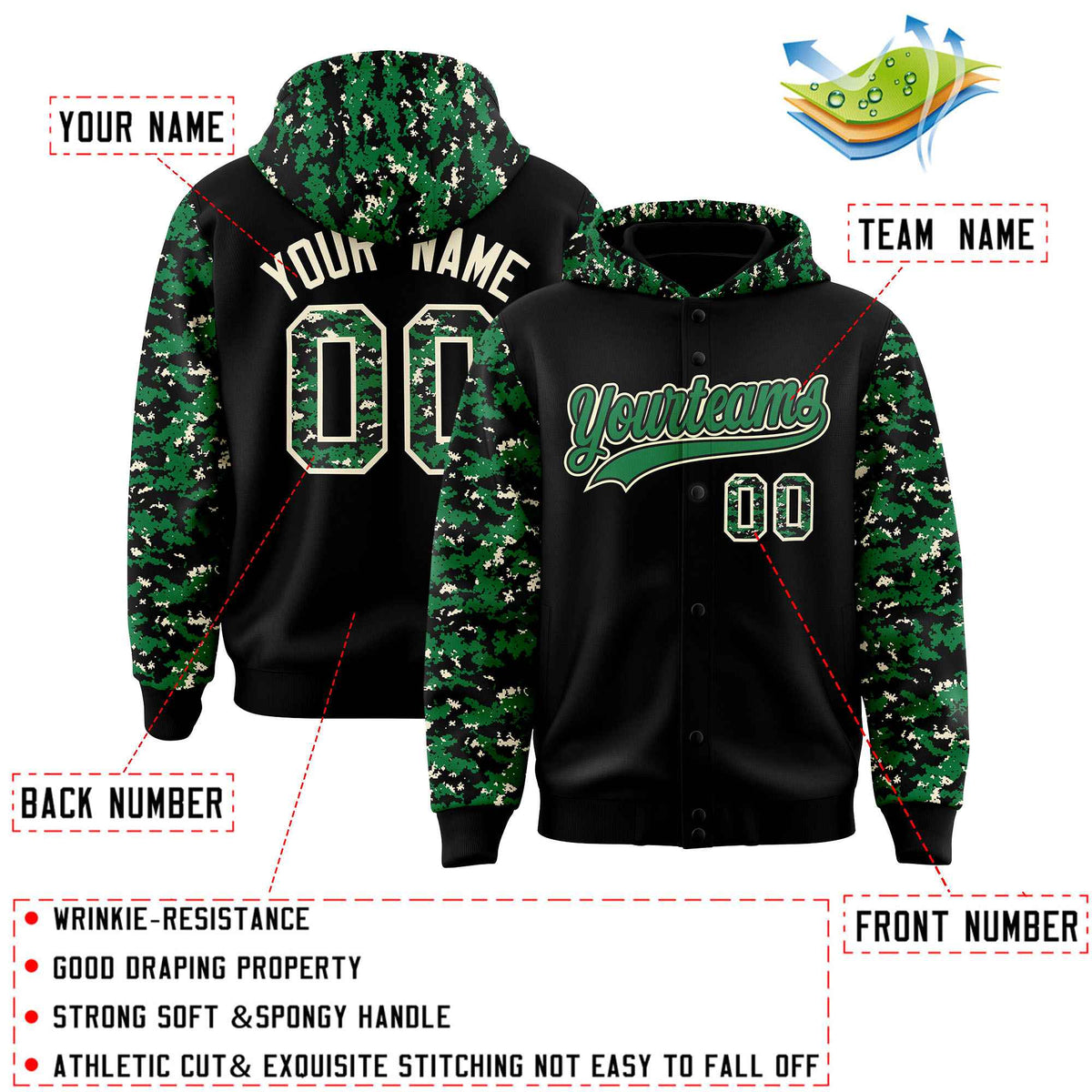 Custom Black Kelly Green-Cream Raglan Sleeves Varsity Full-Snap Letterman Camo Hoodie Jacket