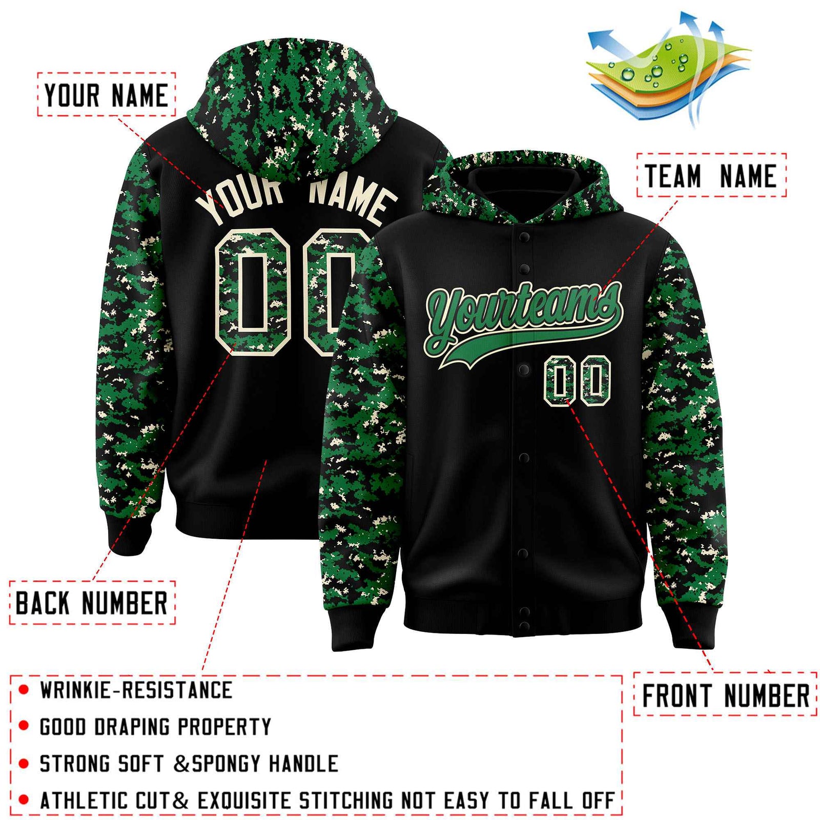 Custom Black Kelly Green-Cream Raglan Sleeves Varsity Full-Snap Letterman Camo Hoodie Jacket