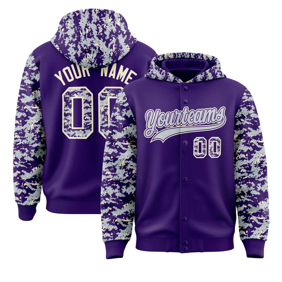 Custom Purple Silver-Cream Raglan Sleeves Varsity Full-Snap Letterman Camo Hoodie Jacket