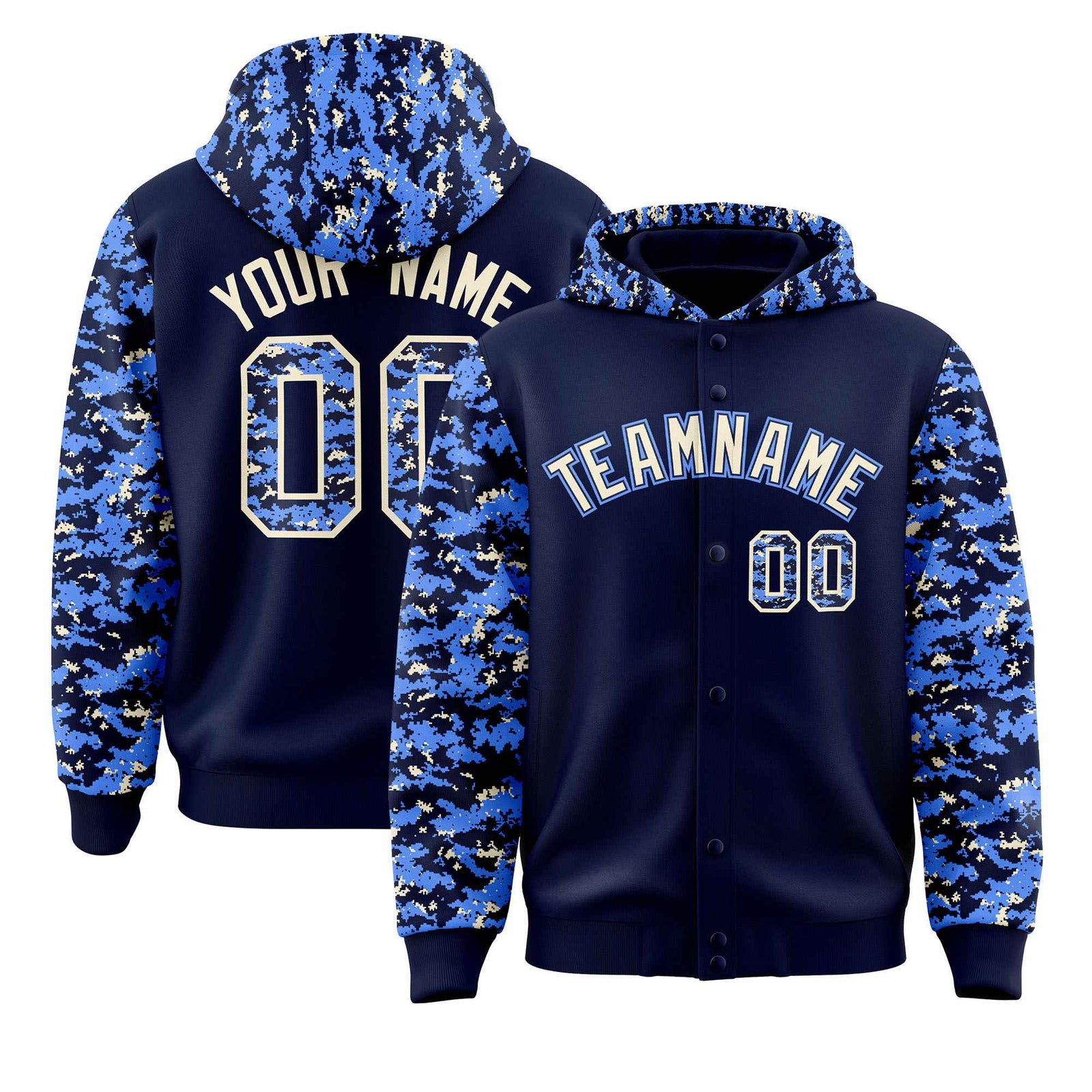 Custom Navy Powder Blue-Cream Raglan Sleeves Varsity Full-Snap Letterman Camo Hoodie Jacket