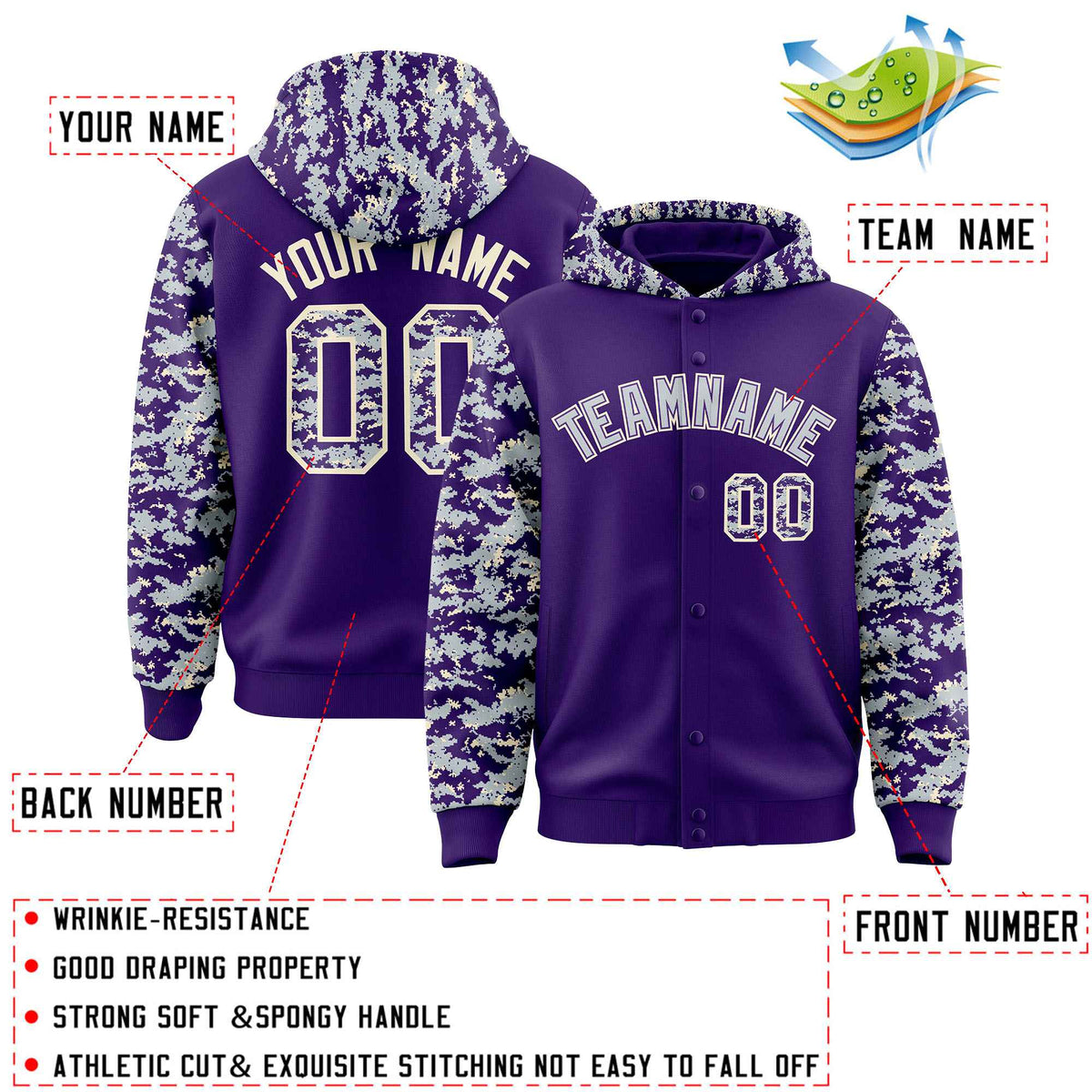 Custom Purple Silver-Cream Raglan Sleeves Varsity Full-Snap Letterman Camo Hoodie Jacket