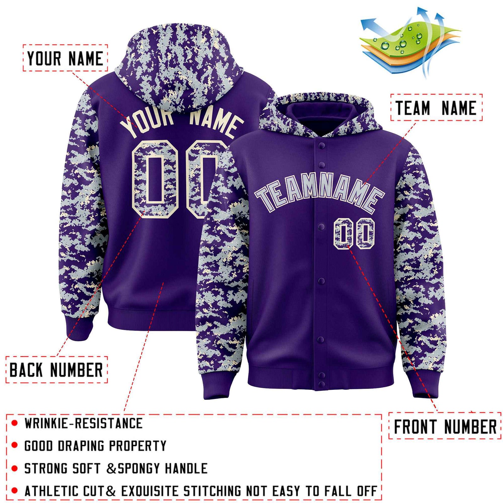 Custom Purple Silver-Cream Raglan Sleeves Varsity Full-Snap Letterman Camo Hoodie Jacket