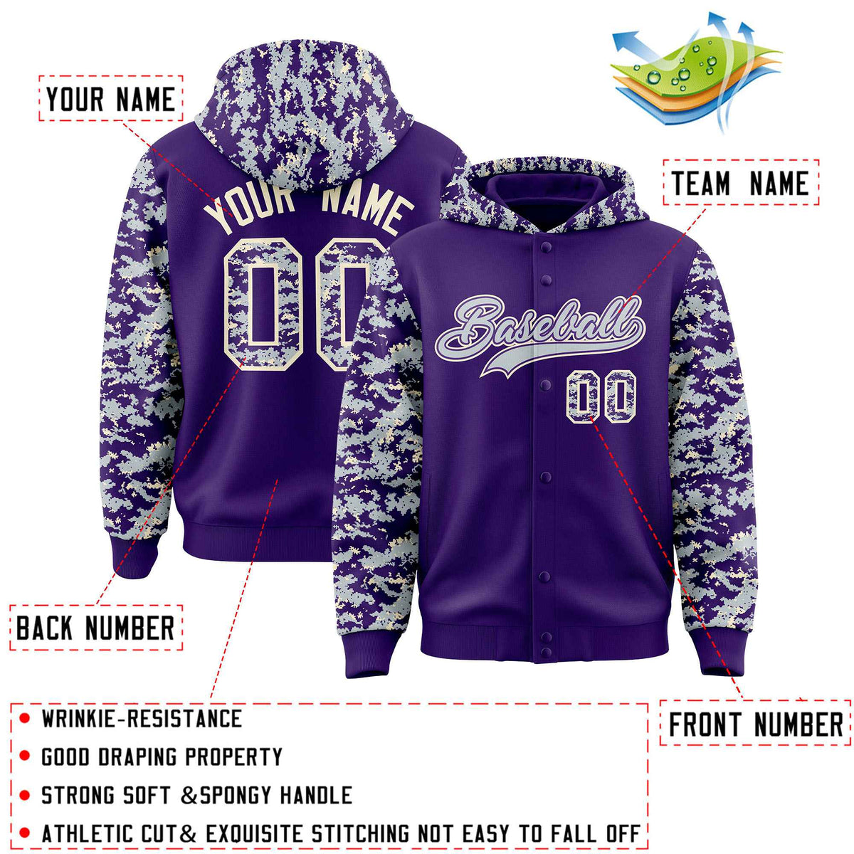 Custom Purple Silver-Cream Raglan Sleeves Varsity Full-Snap Letterman Camo Hoodie Jacket