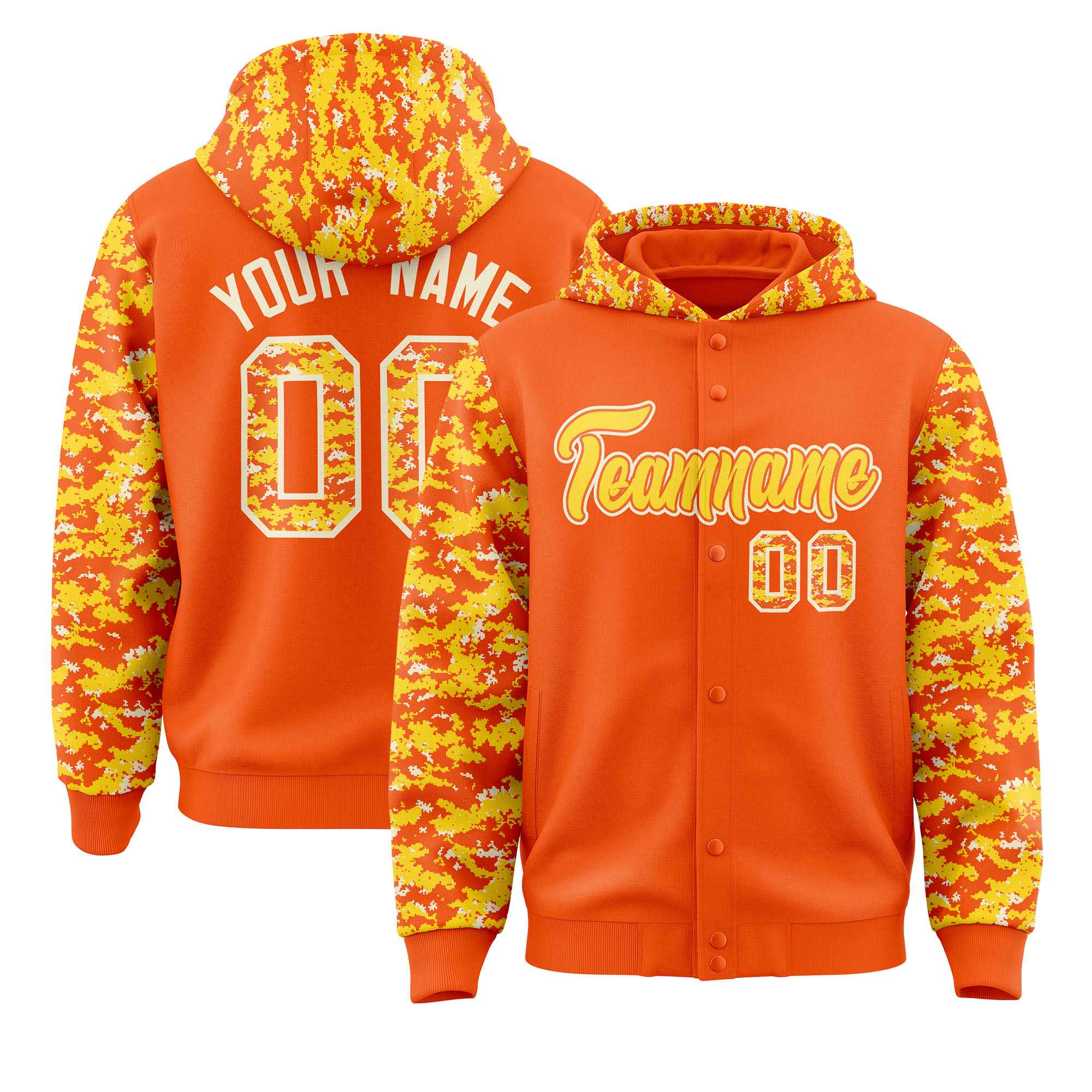 Custom Orange Gold-Cream Raglan Sleeves Varsity Full-Snap Letterman Camo Hoodie Jacket