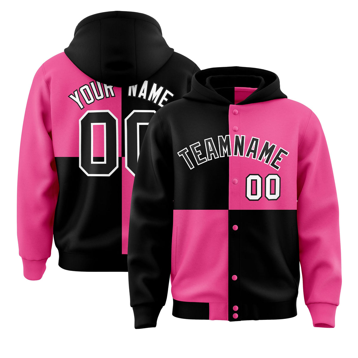 Custom Black Pink Varsity Full-Snap Four Squares Color Block Letterman Hoodie Jacket