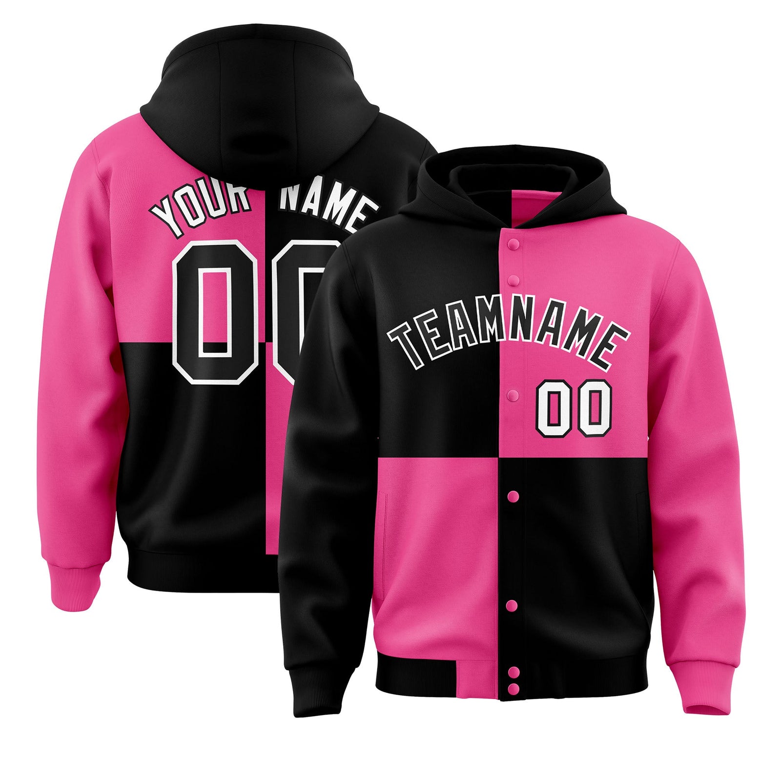 Custom Black Pink Varsity Full-Snap Four Squares Color Block Letterman Hoodie Jacket