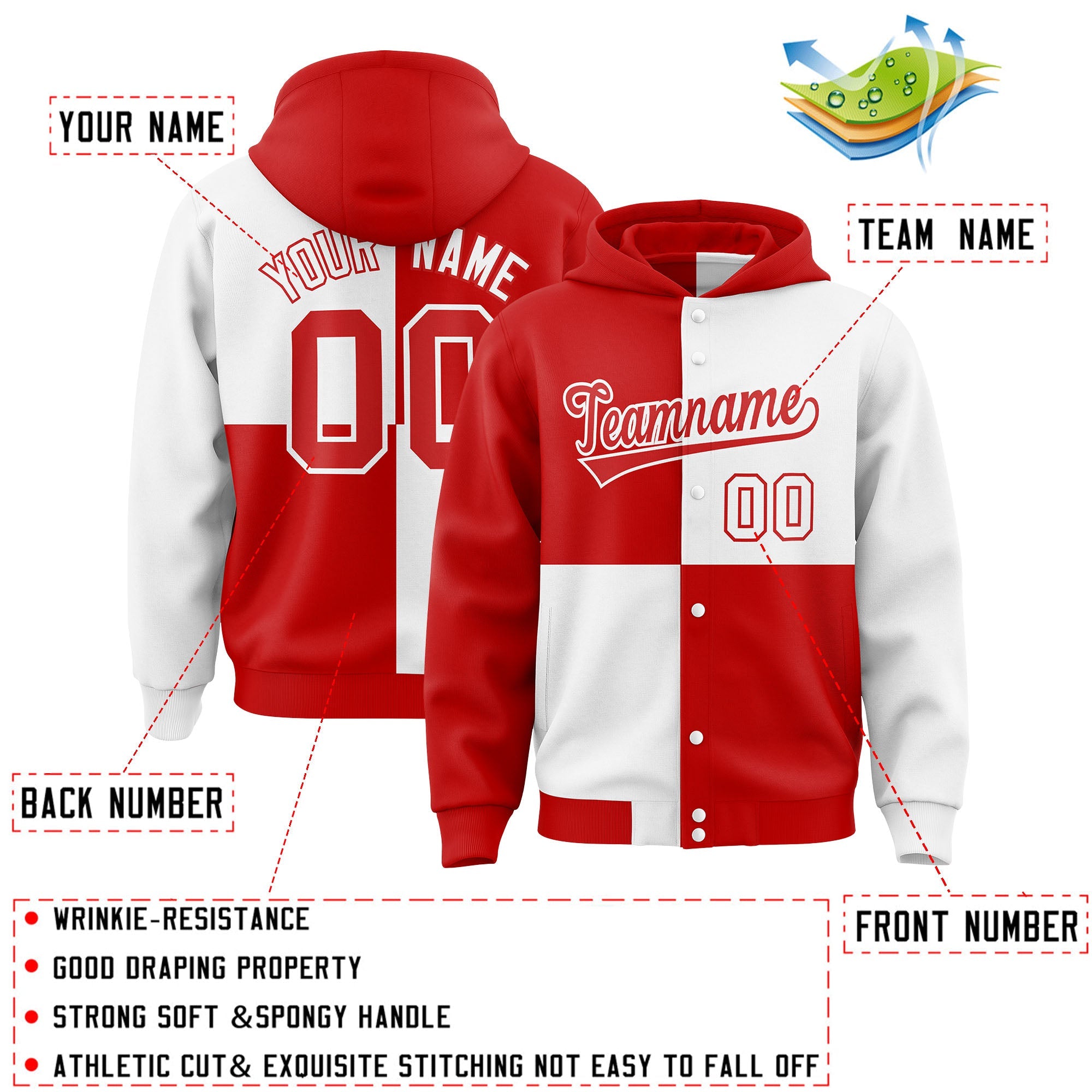 Custom Red White Varsity Full-Snap Four Squares Color Block Letterman Hoodie Jacket