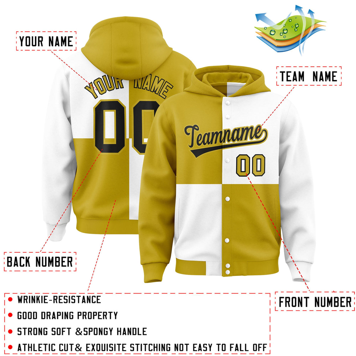 Custom Old Gold White Varsity Full-Snap Four Squares Color Block Letterman Hoodie Jacket