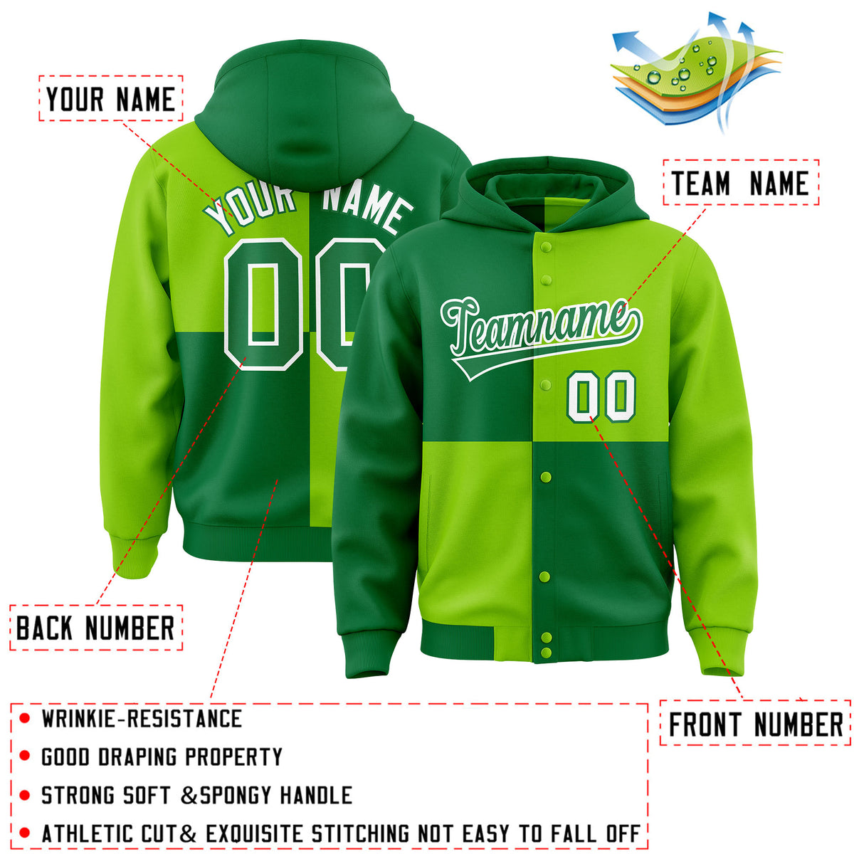 Custom Kelly Green Neon Green Varsity Full-Snap Four Squares Color Block Letterman Jacket Hoodie