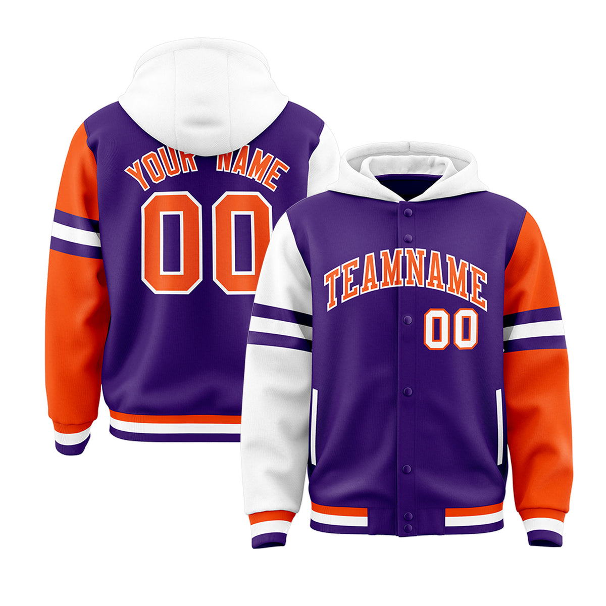 Custom Purple White-Orange Raglan Sleeves Varsity Full-Snap Letterman Three Stripes Jacket Hoodie