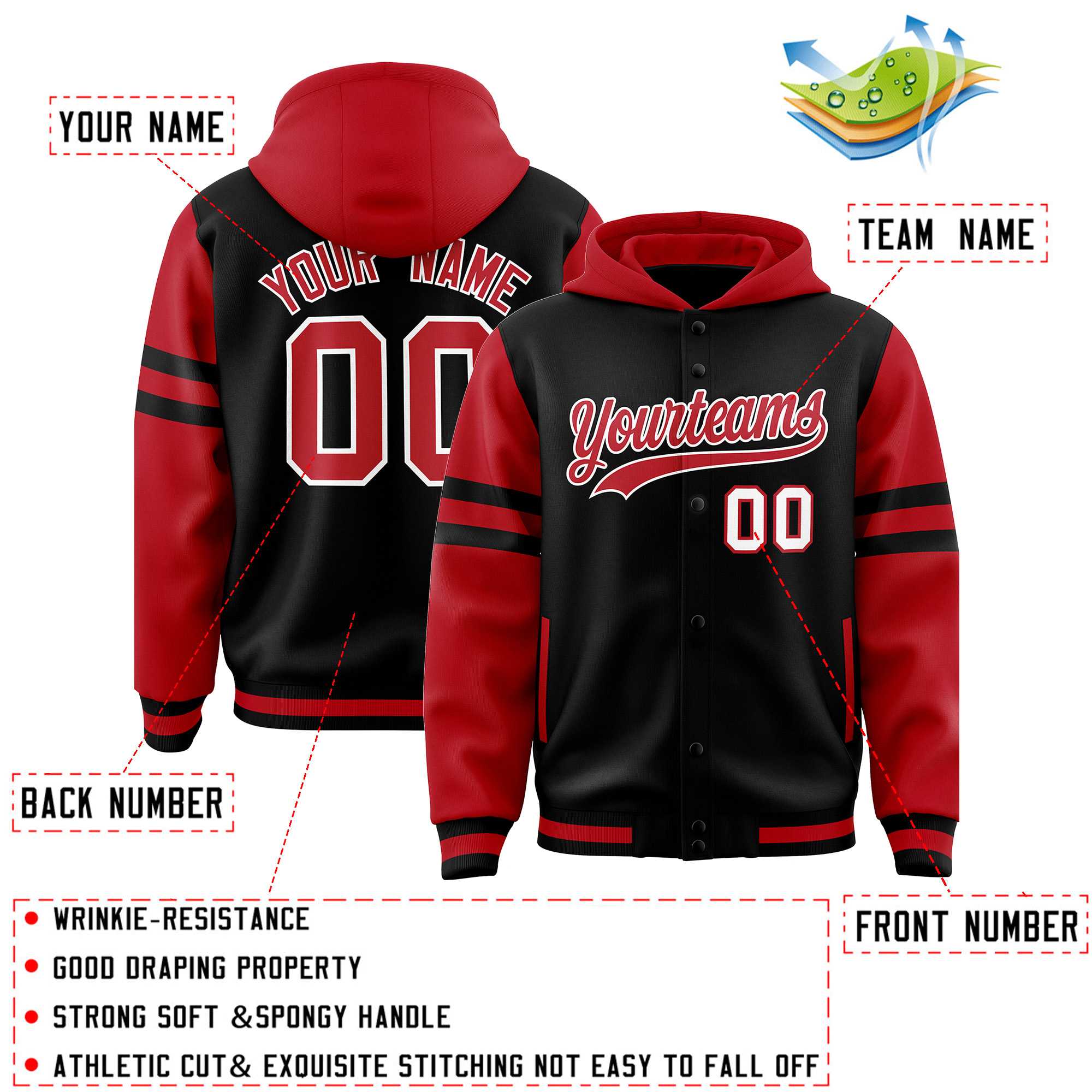 Custom Black Red Raglan Sleeves Varsity Full-Snap Letterman Three Stripes Hoodie Jacket